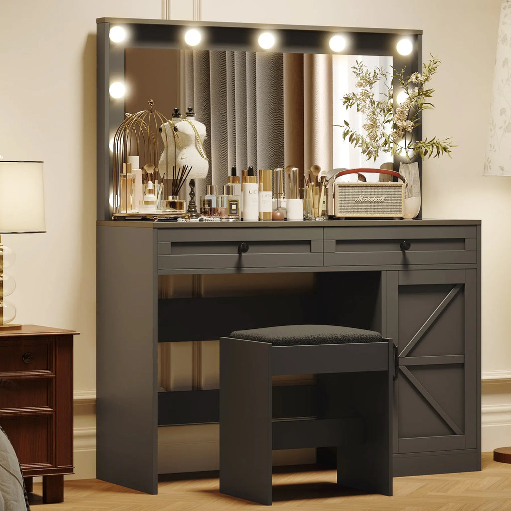 Makeup Vanity Desk with Cabinet Doors & Organized Storage – Eco-Friendly MDF, Black Next Gen Luxe Solutions