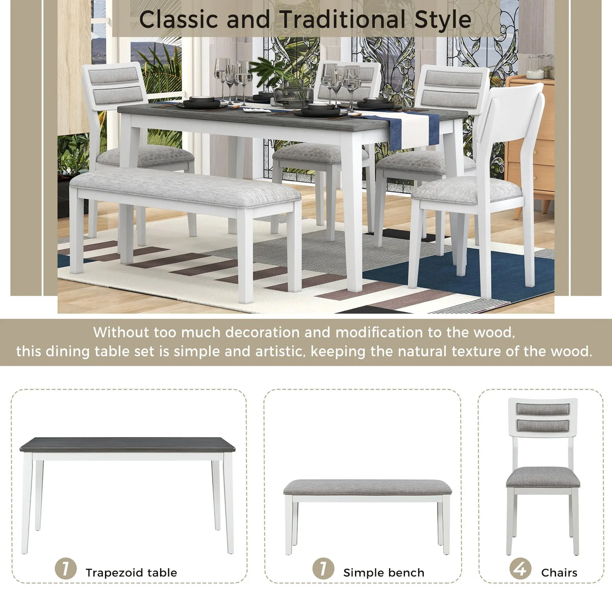 TREXM 6-Piece Classic Dining Set – Table, 4 Upholstered Chairs & Bench (White+Gray) Next Gen Luxe Solutions