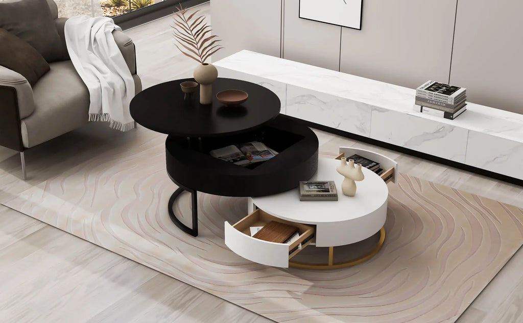 Modern Round Lift-Top Nesting Coffee Tables Set of 2 | Hydraulic Lift, 2 Drawers, Gold Metal Base – White & Black Next Gen Luxe Solutions