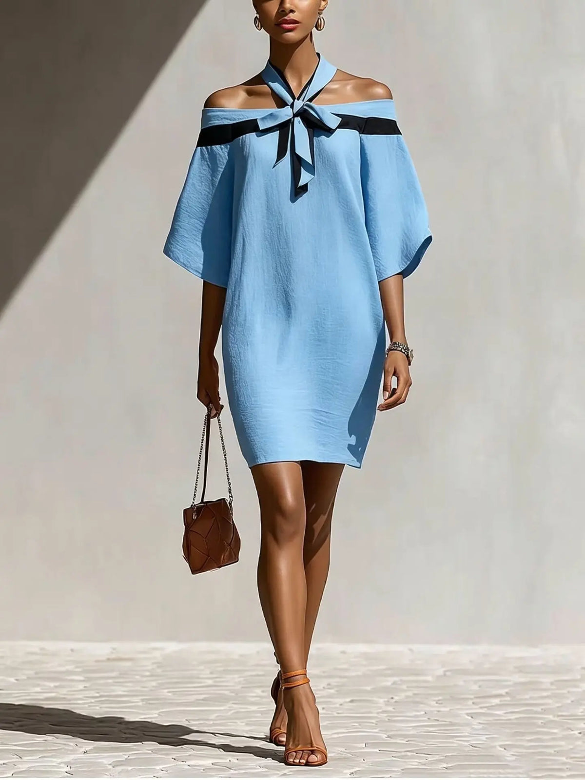 Women's One Shoulder Bow Collar A-Line Mini Dress | 3/4 Sleeve – Orange Red, Green, Apricot, Sky Blue, S–XXL Next Gen Luxe Solutions