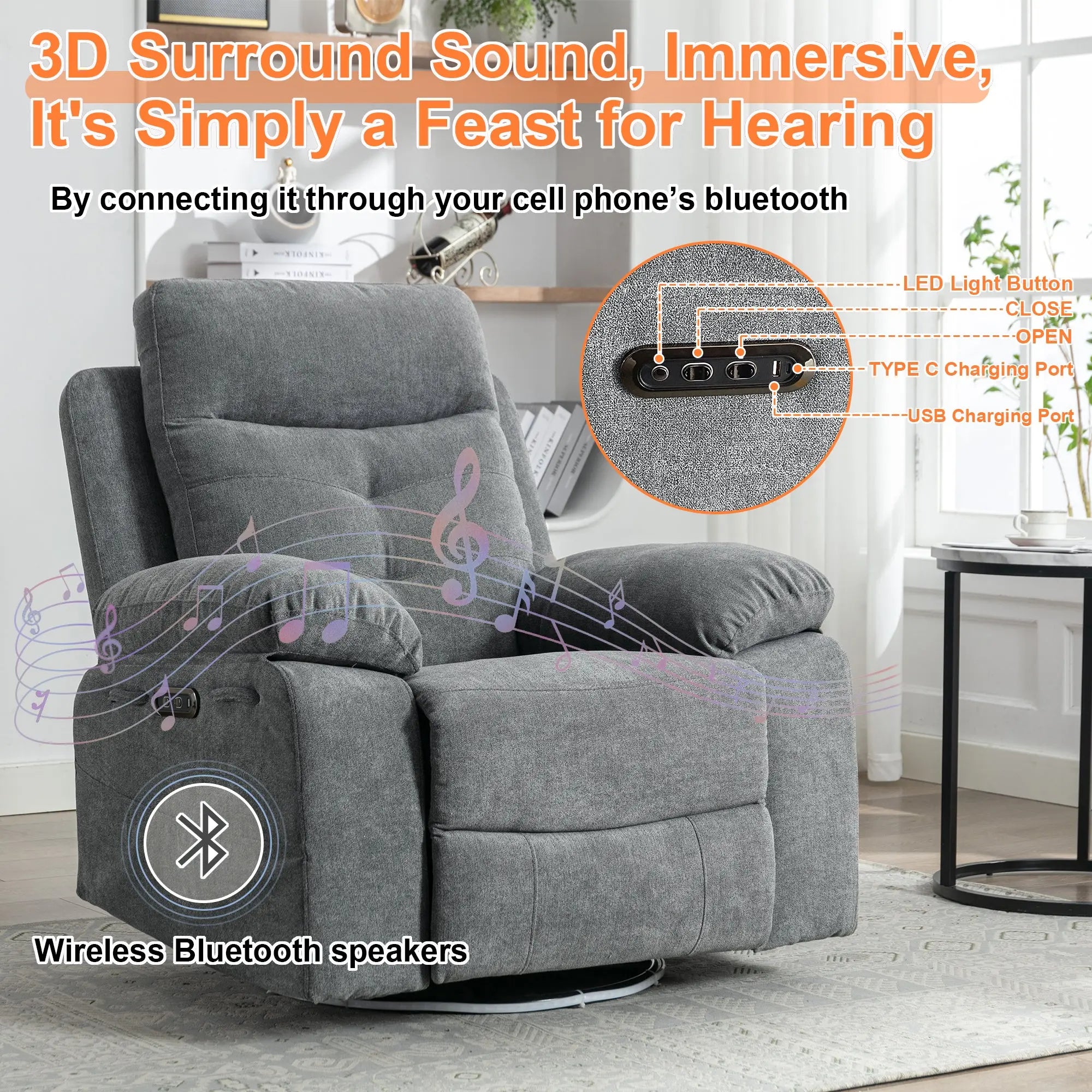 Power Recliner Glider Chair with Bluetooth Speaker | 270° Swivel, LED Light, USB+C Charging, Retractable Footrest, Storage Pockets – Light Grey Linen Next Gen Luxe Solutions