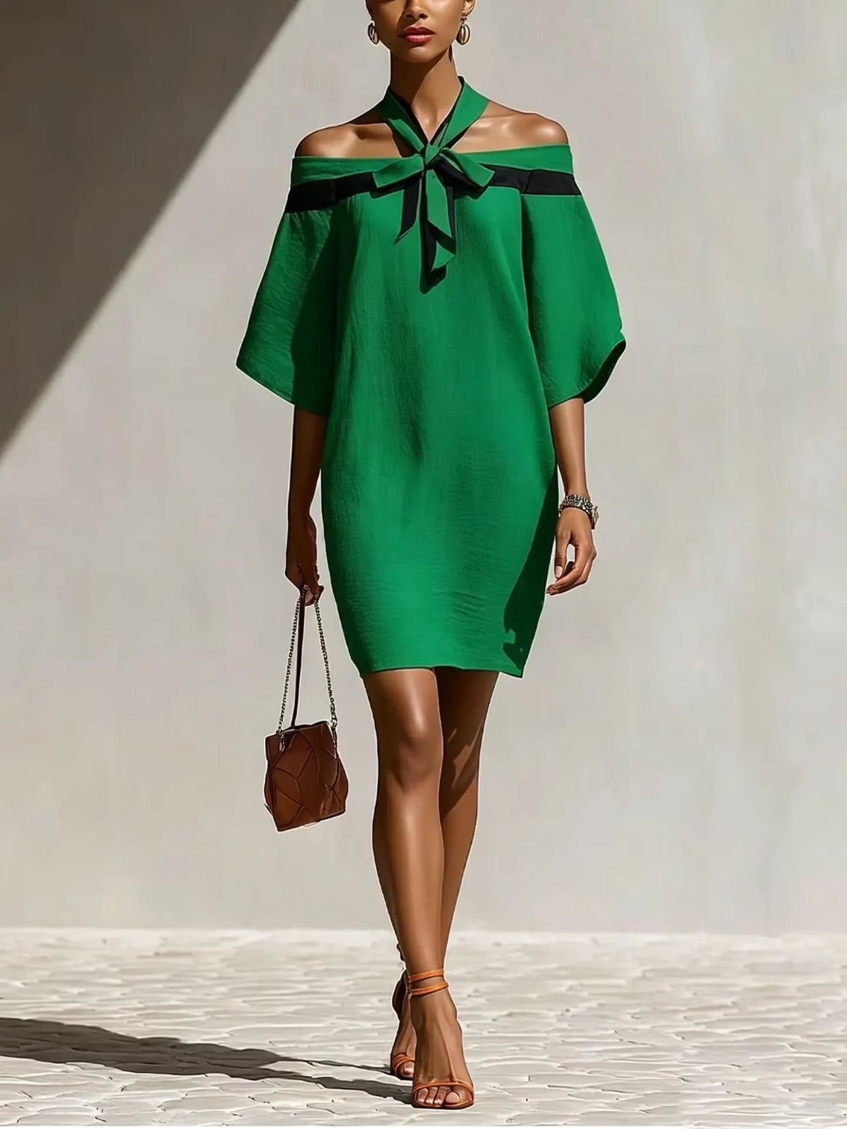 Women's One Shoulder Bow Collar A-Line Mini Dress | 3/4 Sleeve – Orange Red, Green, Apricot, Sky Blue, S–XXL Next Gen Luxe Solutions