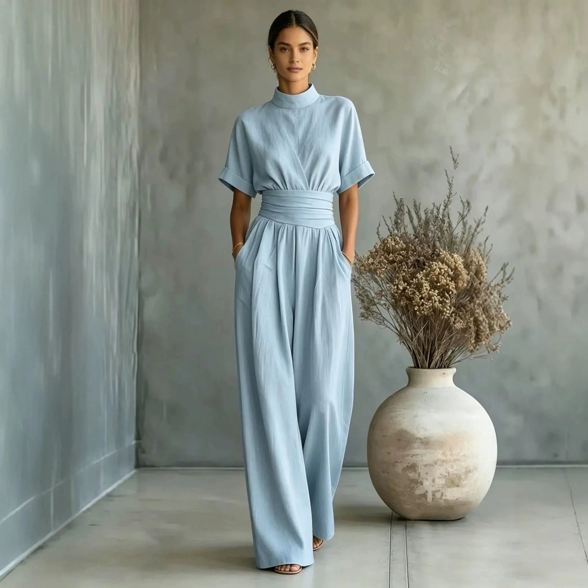Women's Mock Neck Short Sleeve Wide Leg Jumpsuit | Full Length, Minimalist Solid Color – 5 Colors, S–2XL Next Gen Luxe Solutions
