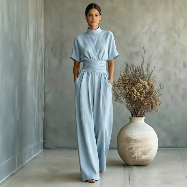 Women's Mock Neck Short Sleeve Wide Leg Jumpsuit | Full Length, Minimalist Solid Color – 5 Colors, S–2XL Next Gen Luxe Solutions
