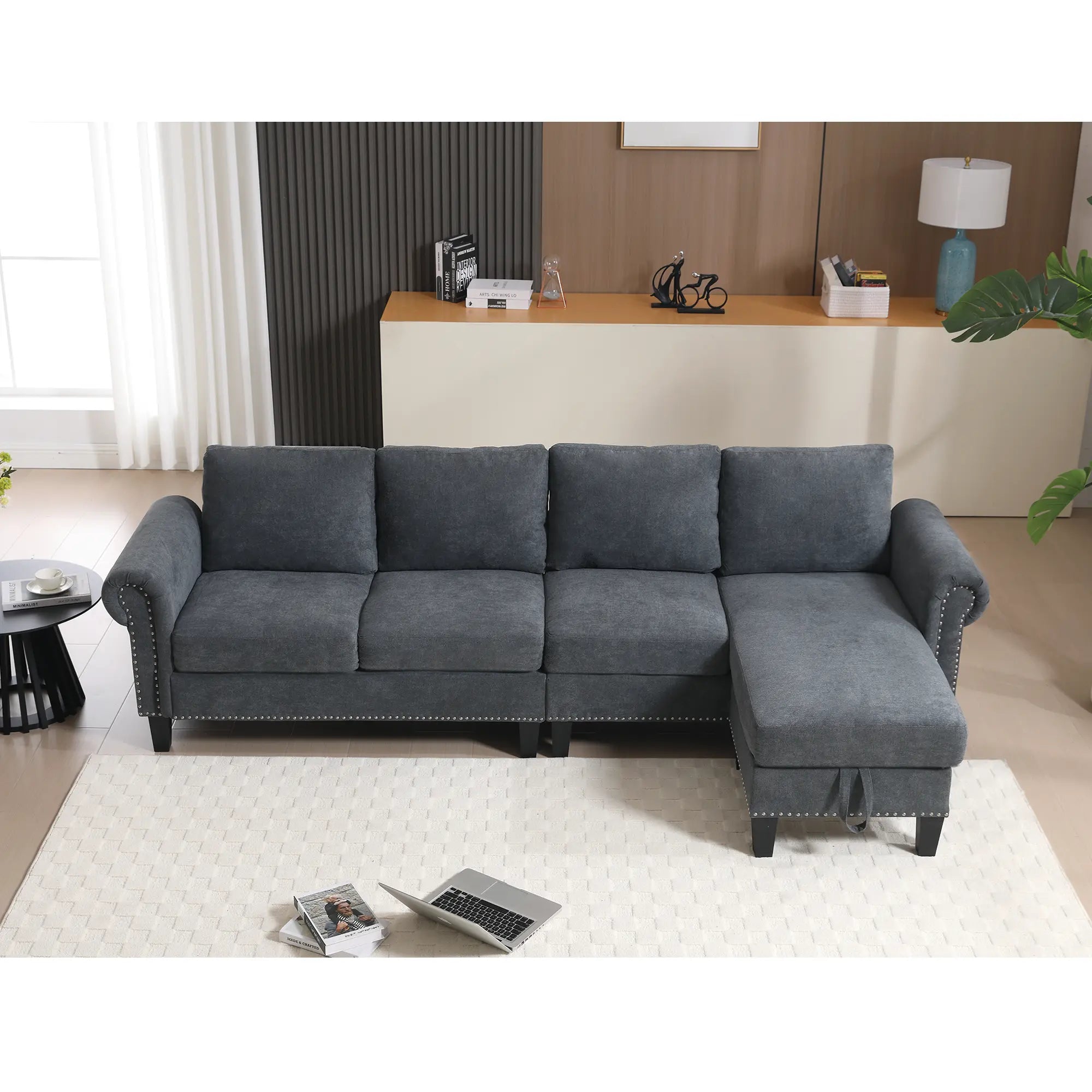 Convertible L-Shaped Sectional Sofa with Storage | 4-Seat Modern Linen Fabric Couch in Gray Next Gen Luxe Solutions