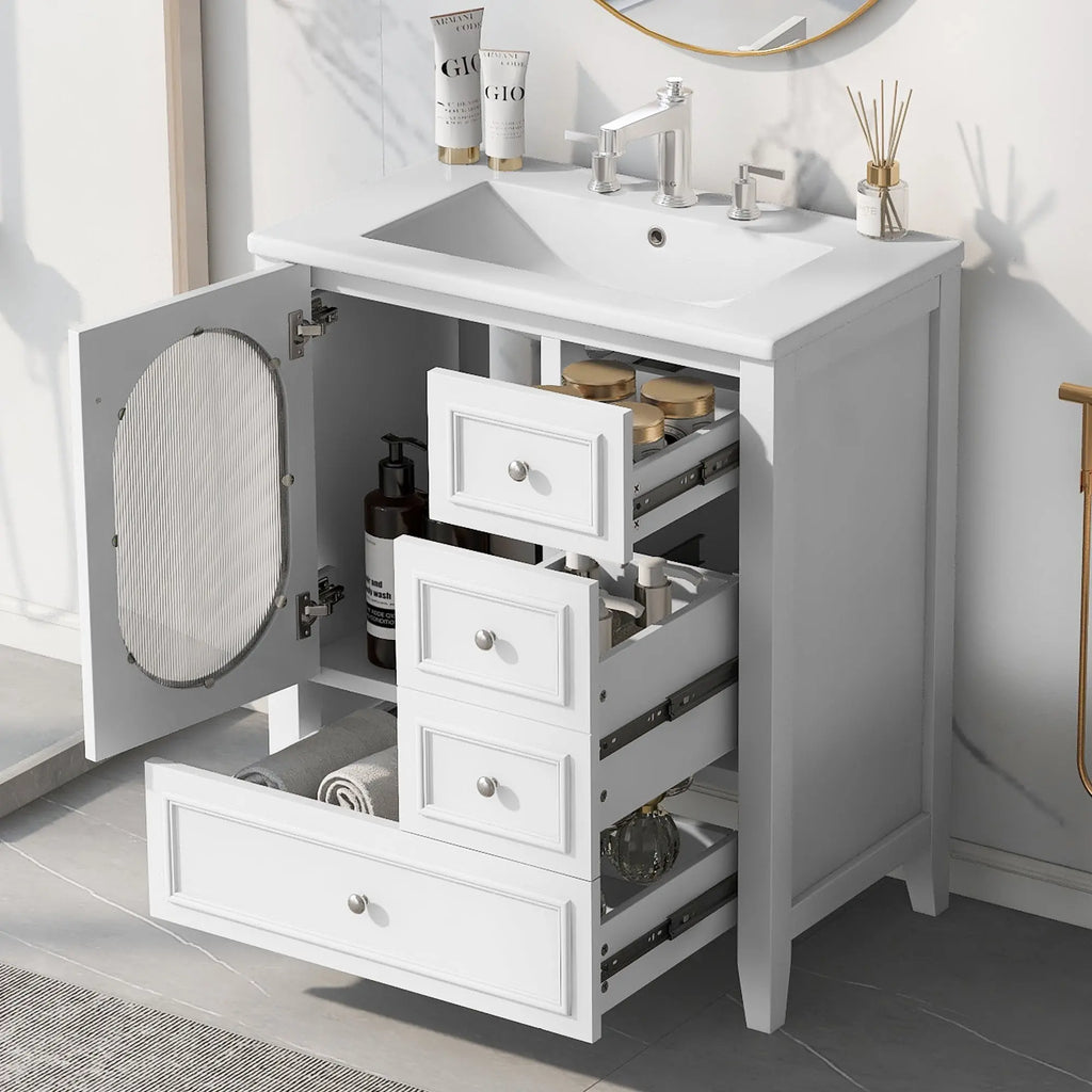 30" Bathroom Vanity with Sink | Solid Wood & MDF, 4 Drawers, Oval Fluted Glass Door, Ceramic Sink, White – Freestanding Next Gen Luxe Solutions