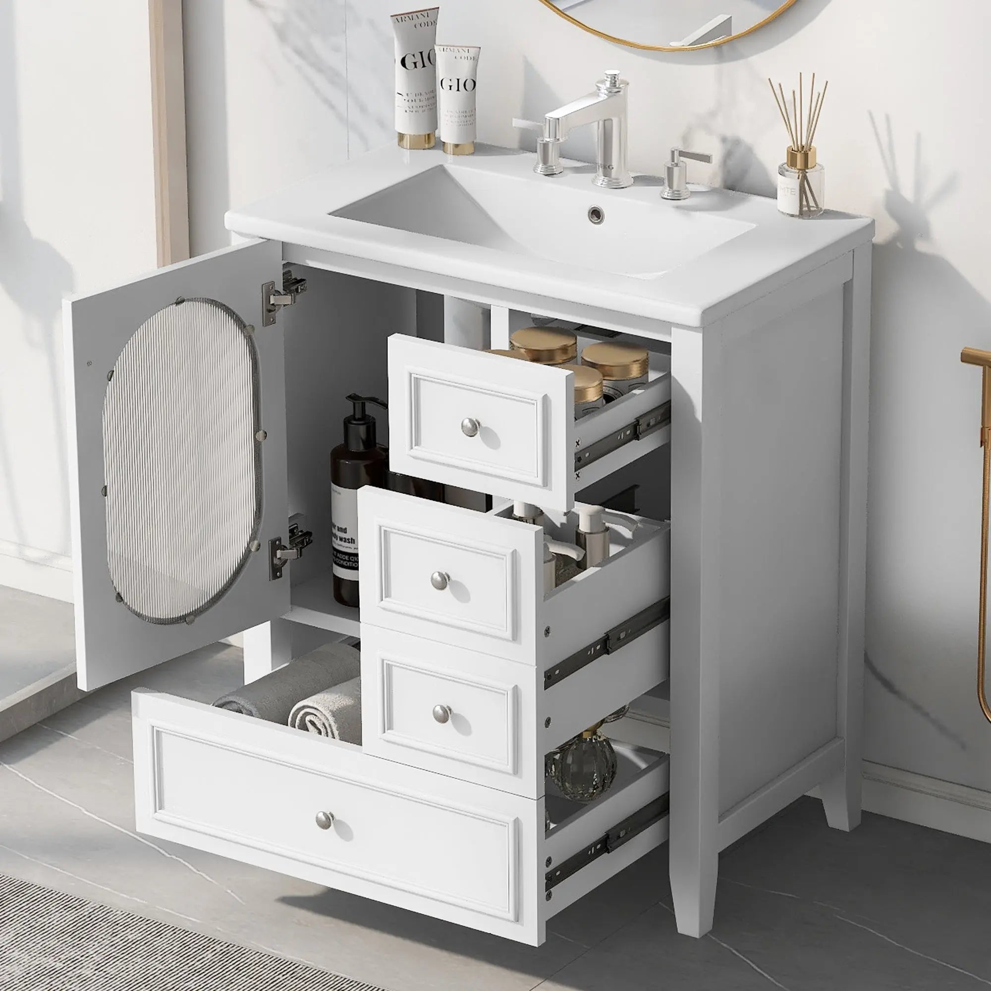 30" Bathroom Vanity with Sink | Solid Wood & MDF, 4 Drawers, Oval Fluted Glass Door, Ceramic Sink, White – Freestanding Next Gen Luxe Solutions