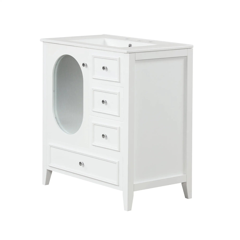 30" Bathroom Vanity with Sink | Solid Wood & MDF, 4 Drawers, Oval Fluted Glass Door, Ceramic Sink, White – Freestanding Next Gen Luxe Solutions