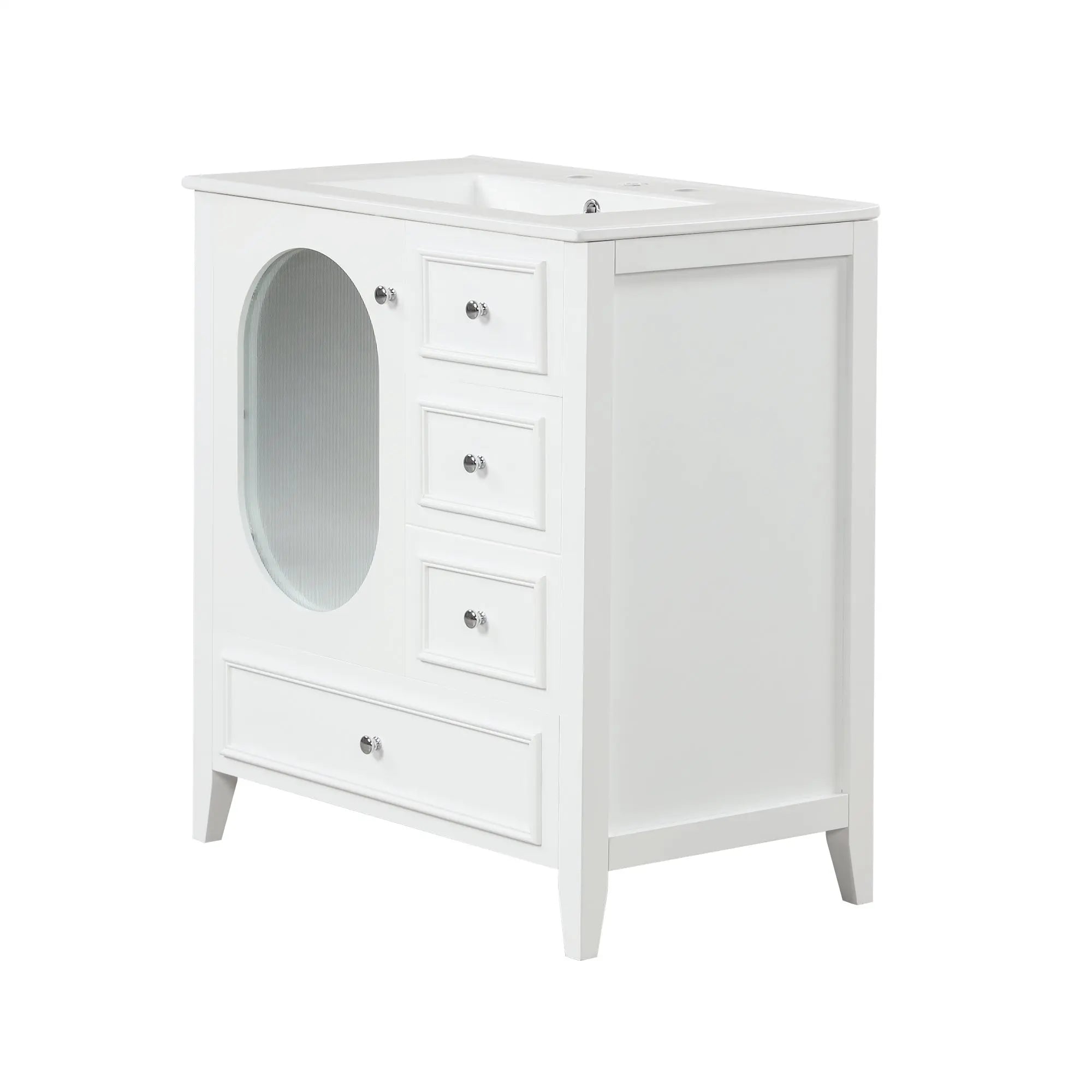 30" Bathroom Vanity with Sink | Solid Wood & MDF, 4 Drawers, Oval Fluted Glass Door, Ceramic Sink, White – Freestanding Next Gen Luxe Solutions