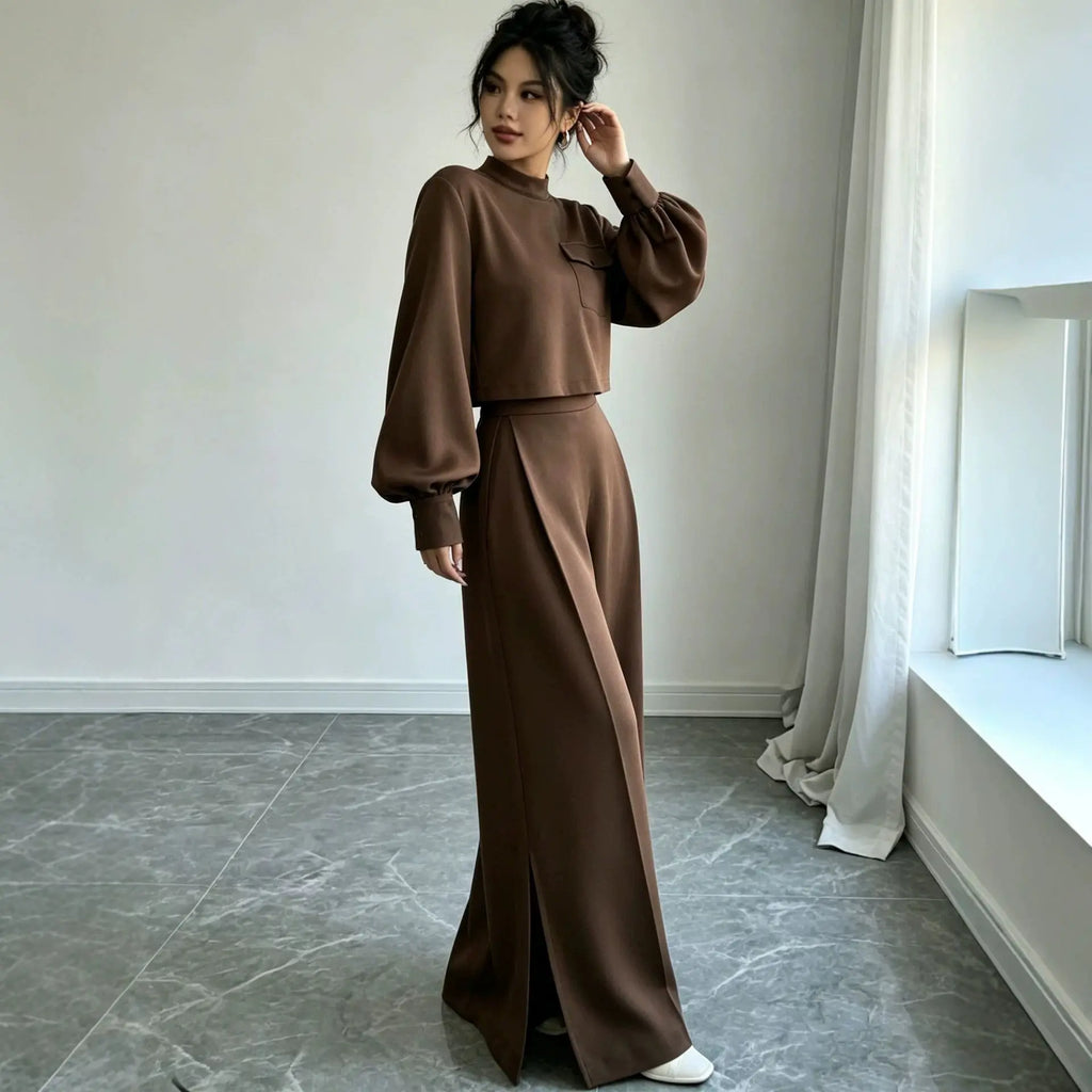 Women's Solid Color Wide Leg Pants 2-Piece Set | Mock Neck Long Sleeve Top + Pants, Korean Style – 5 Colors, S–XXL Next Gen Luxe Solutions