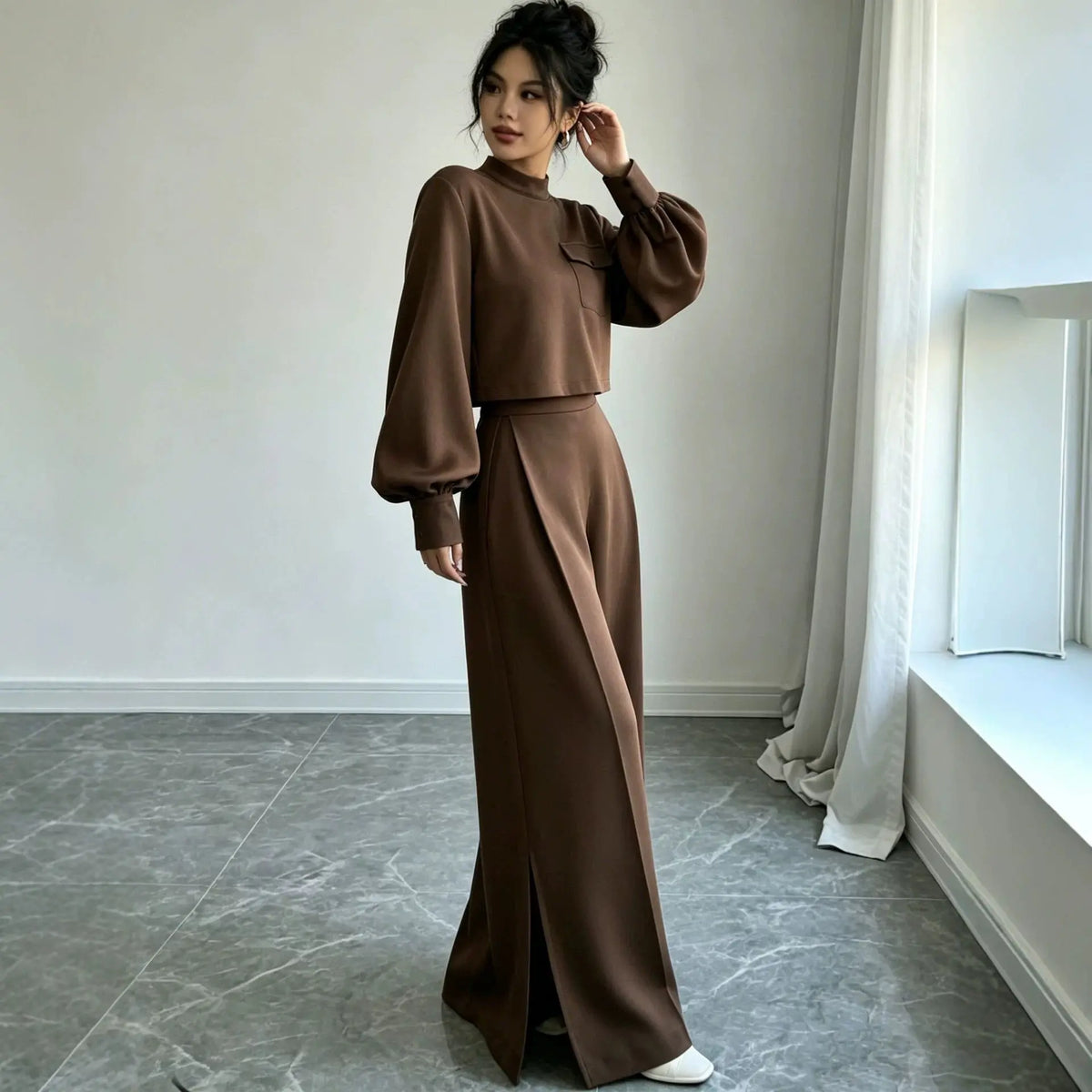 Women's Solid Color Wide Leg Pants 2-Piece Set | Mock Neck Long Sleeve Top + Pants, Korean Style – 5 Colors, S–XXL Next Gen Luxe Solutions