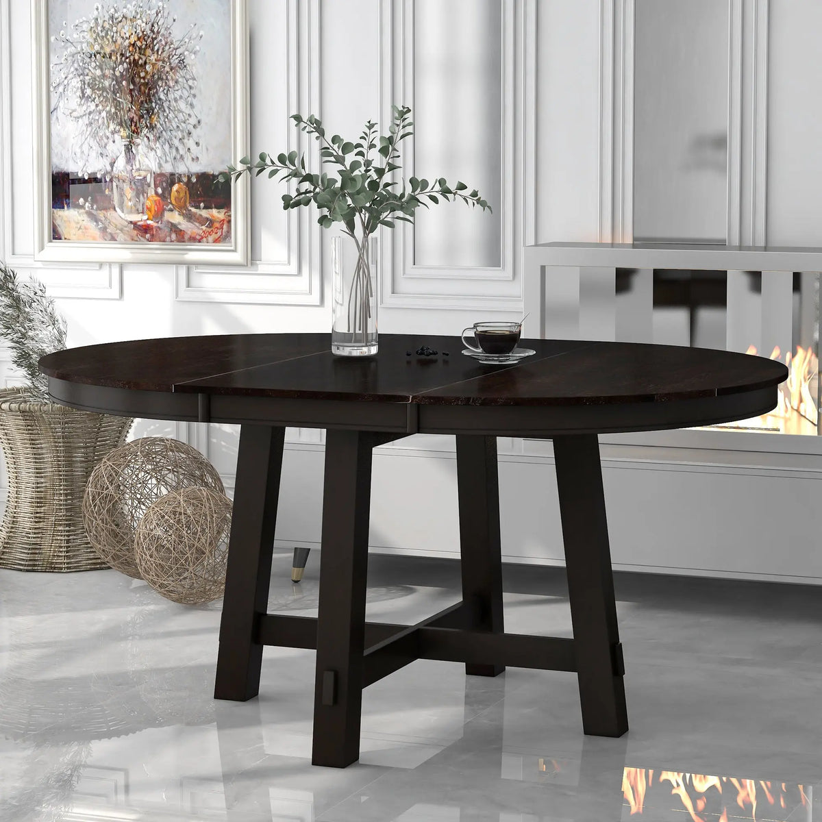 TREXM Farmhouse Round Extendable Dining Table with 16" Leaf – Espresso Wood Kitchen Table Next Gen Luxe Solutions