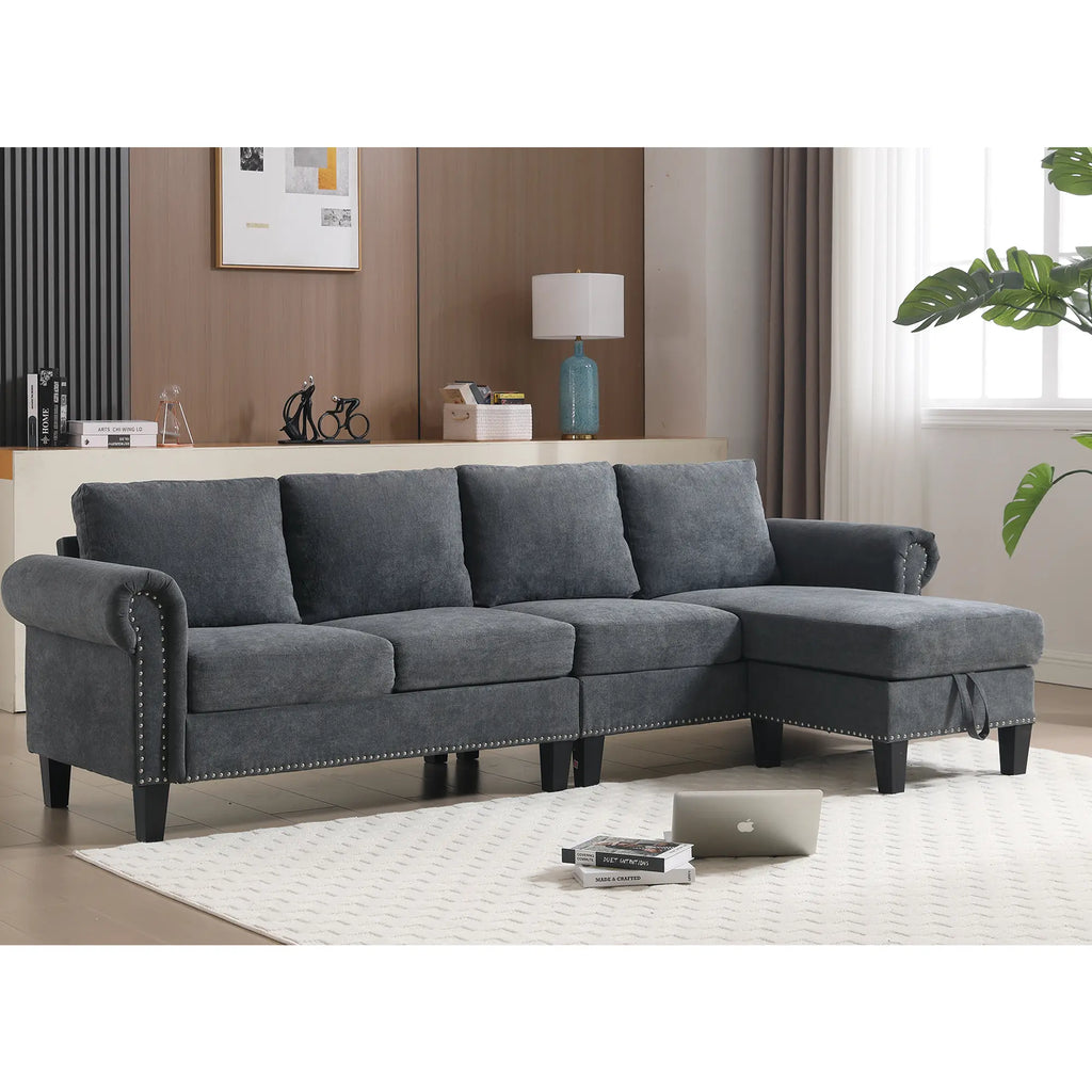 Convertible L-Shaped Sectional Sofa with Storage | 4-Seat Modern Linen Fabric Couch in Gray Next Gen Luxe Solutions