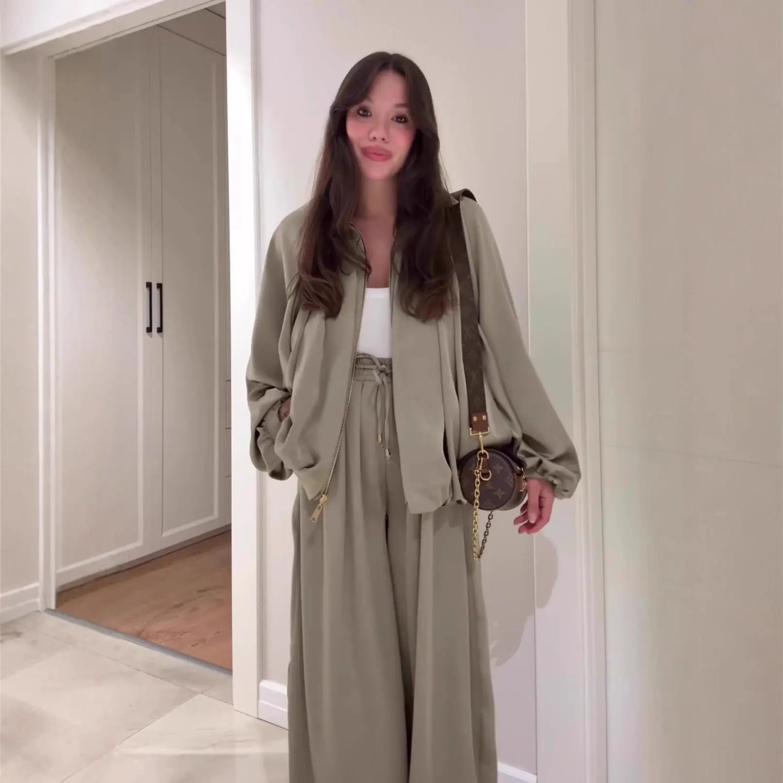 Women's Flip Collar Long Sleeve Jacket & Pants Set | 2-Piece Lounge Outfit – Matcha Green, Brown, Chestnut, S–XXL Next Gen Luxe Solutions