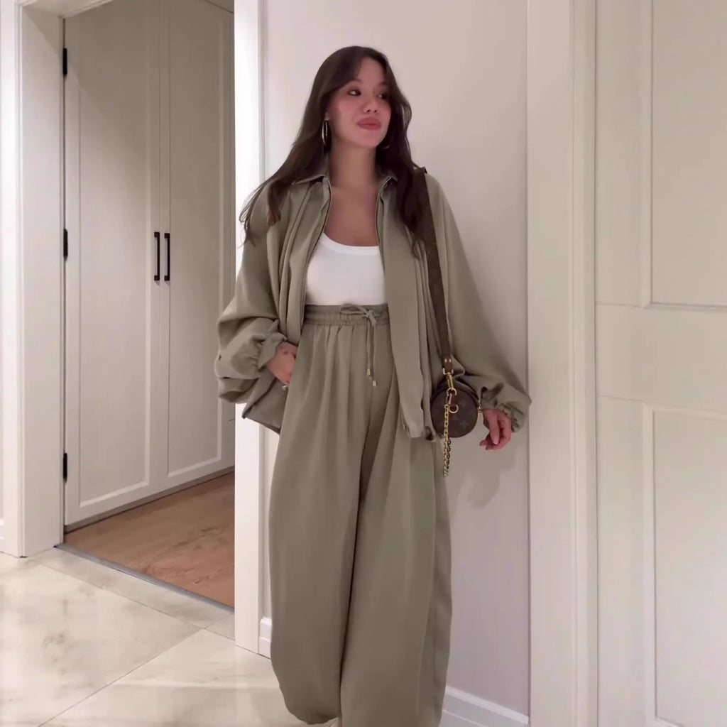 Women's Flip Collar Long Sleeve Jacket & Pants Set | 2-Piece Lounge Outfit – Matcha Green, Brown, Chestnut, S–XXL Next Gen Luxe Solutions