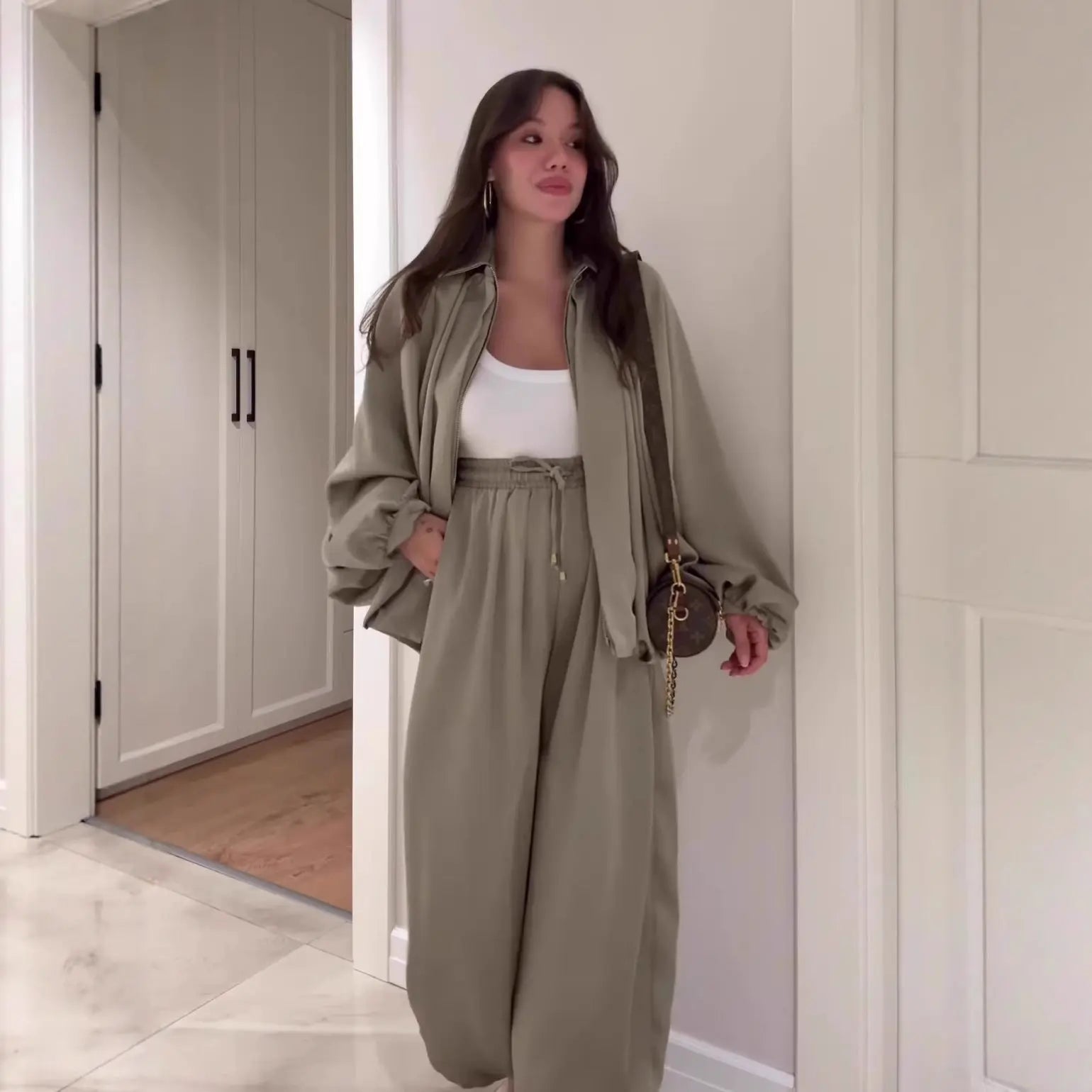 Women's Flip Collar Long Sleeve Jacket & Pants Set | 2-Piece Lounge Outfit – Matcha Green, Brown, Chestnut, S–XXL Next Gen Luxe Solutions