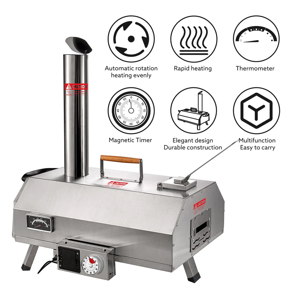 Stainless Steel Pizza Oven Outdoor 12" Automatic Rotatable Pizza Ovens Portable Wood Fired Pizza Oven Pizza Maker with Timer Next Gen Luxe Solutions