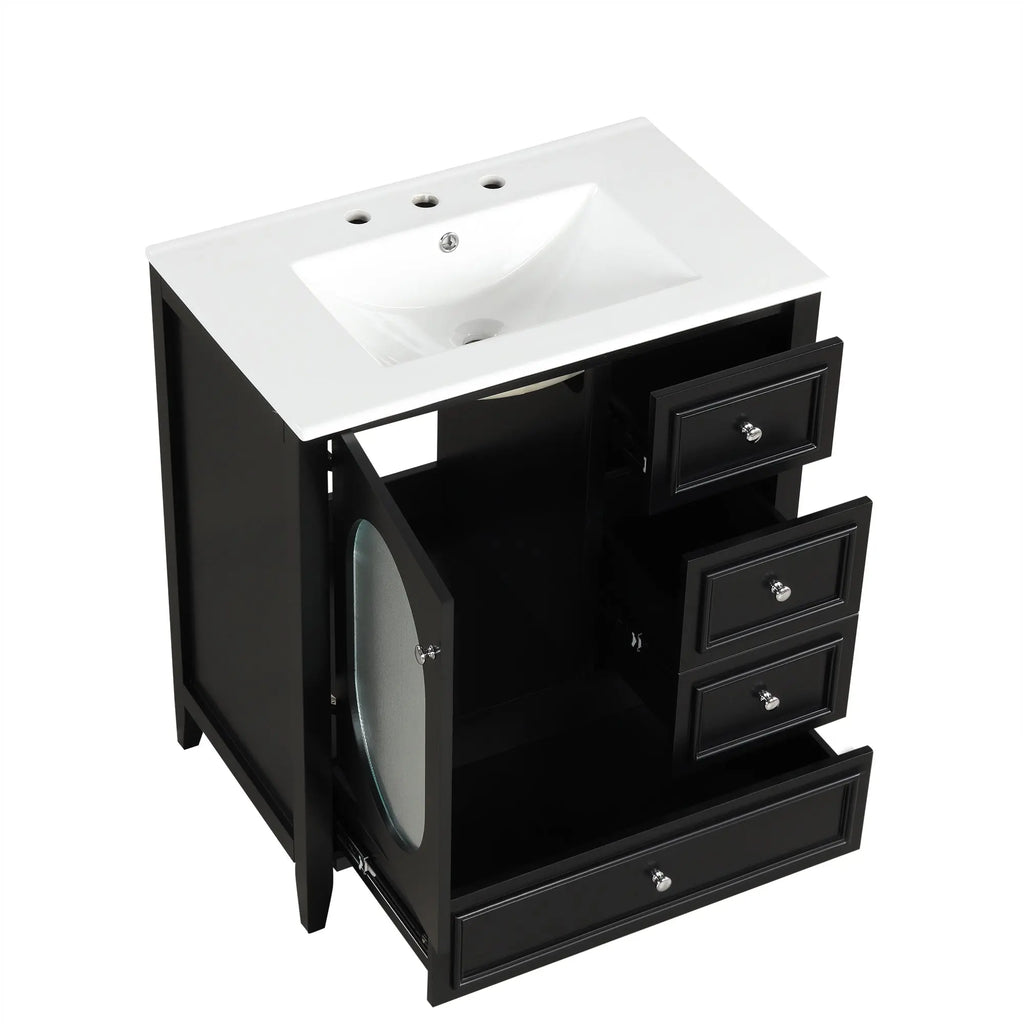 30" Bathroom Vanity with Sink – 3 Drawers, Moru Glass Door, Solid Wood & MDF, Ceramic Sink, Black – Freestanding Next Gen Luxe Solutions