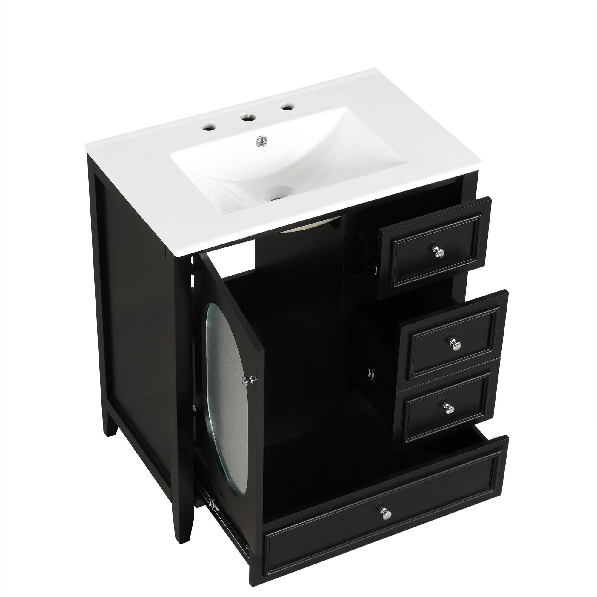 30" Bathroom Vanity with Sink – 3 Drawers, Moru Glass Door, Solid Wood & MDF, Ceramic Sink, Black – Freestanding Next Gen Luxe Solutions