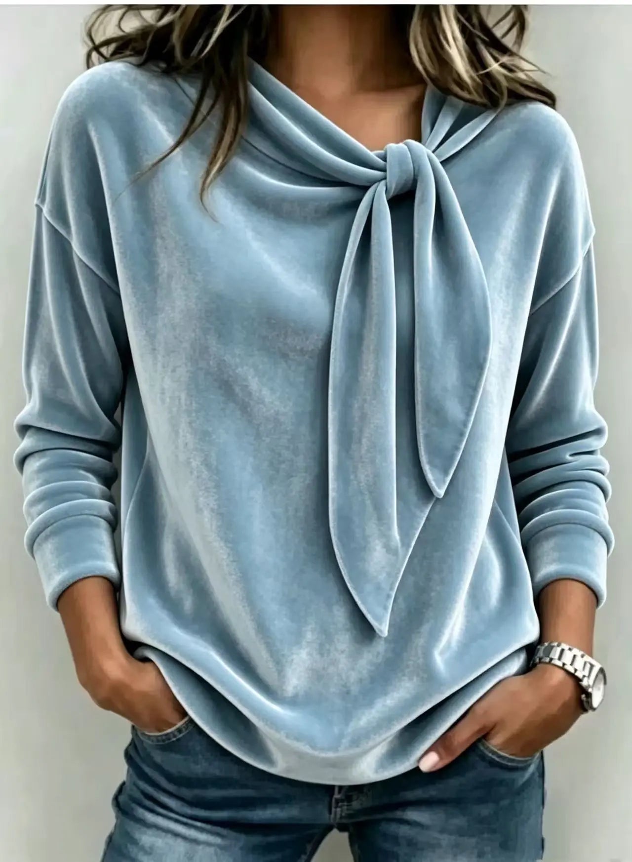 Women's Solid Color Long Sleeve Bow Top | Loose Fit Scarf Collar Pullover – 6 Colors, S–XXL Next Gen Luxe Solutions