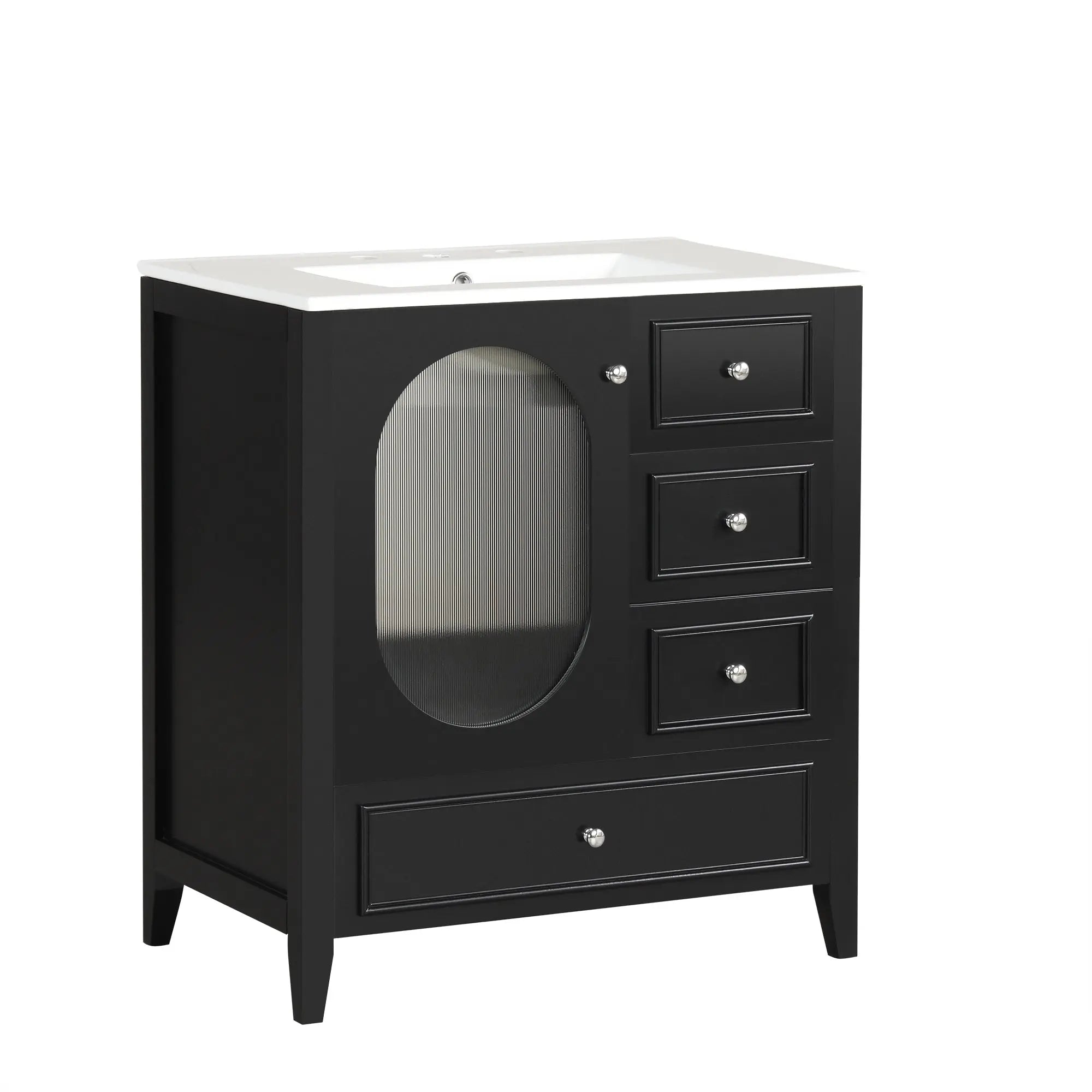 30" Bathroom Vanity with Sink – 3 Drawers, Moru Glass Door, Solid Wood & MDF, Ceramic Sink, Black – Freestanding Next Gen Luxe Solutions