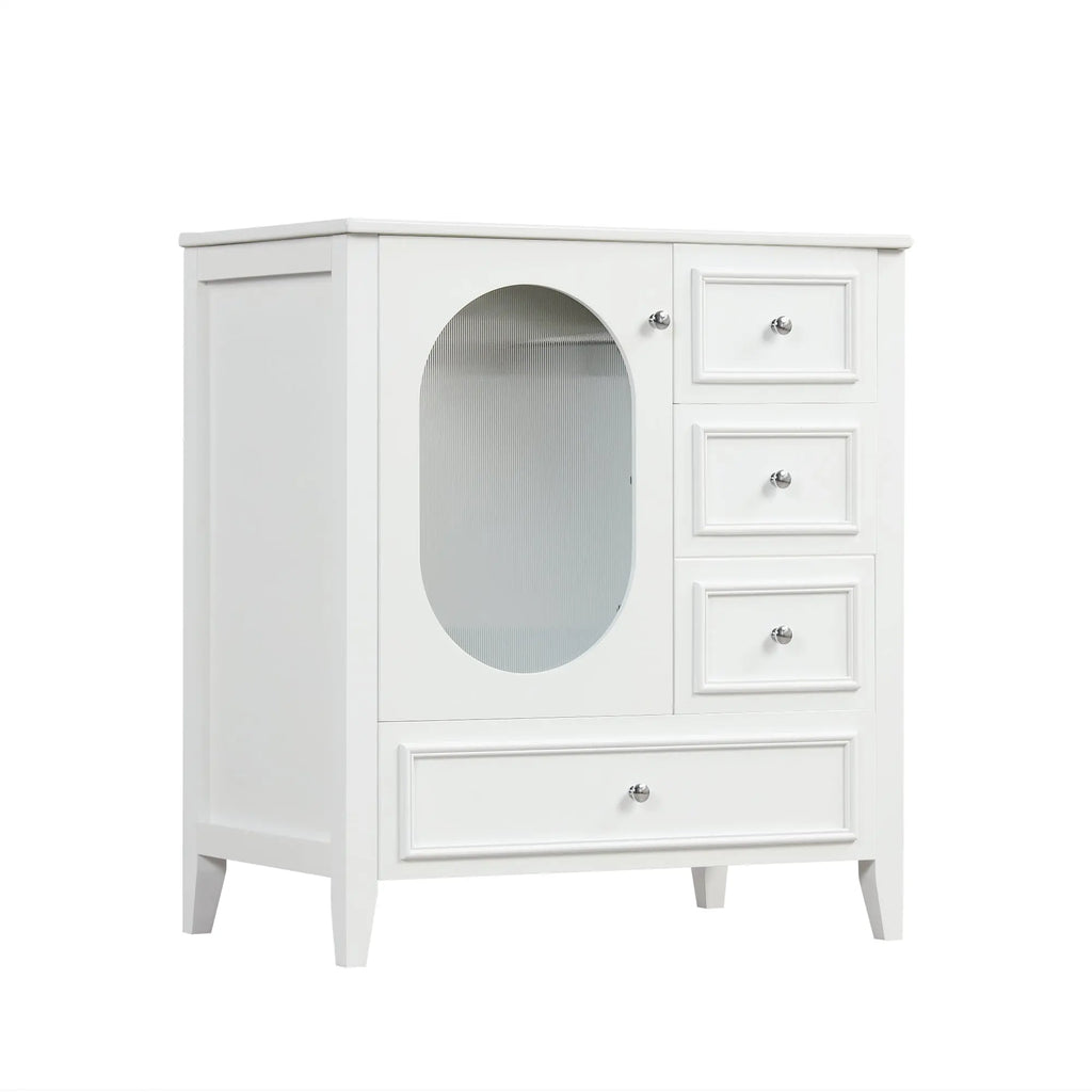 30" Bathroom Vanity with Sink | Solid Wood & MDF, 4 Drawers, Oval Fluted Glass Door, Ceramic Sink, White – Freestanding Next Gen Luxe Solutions