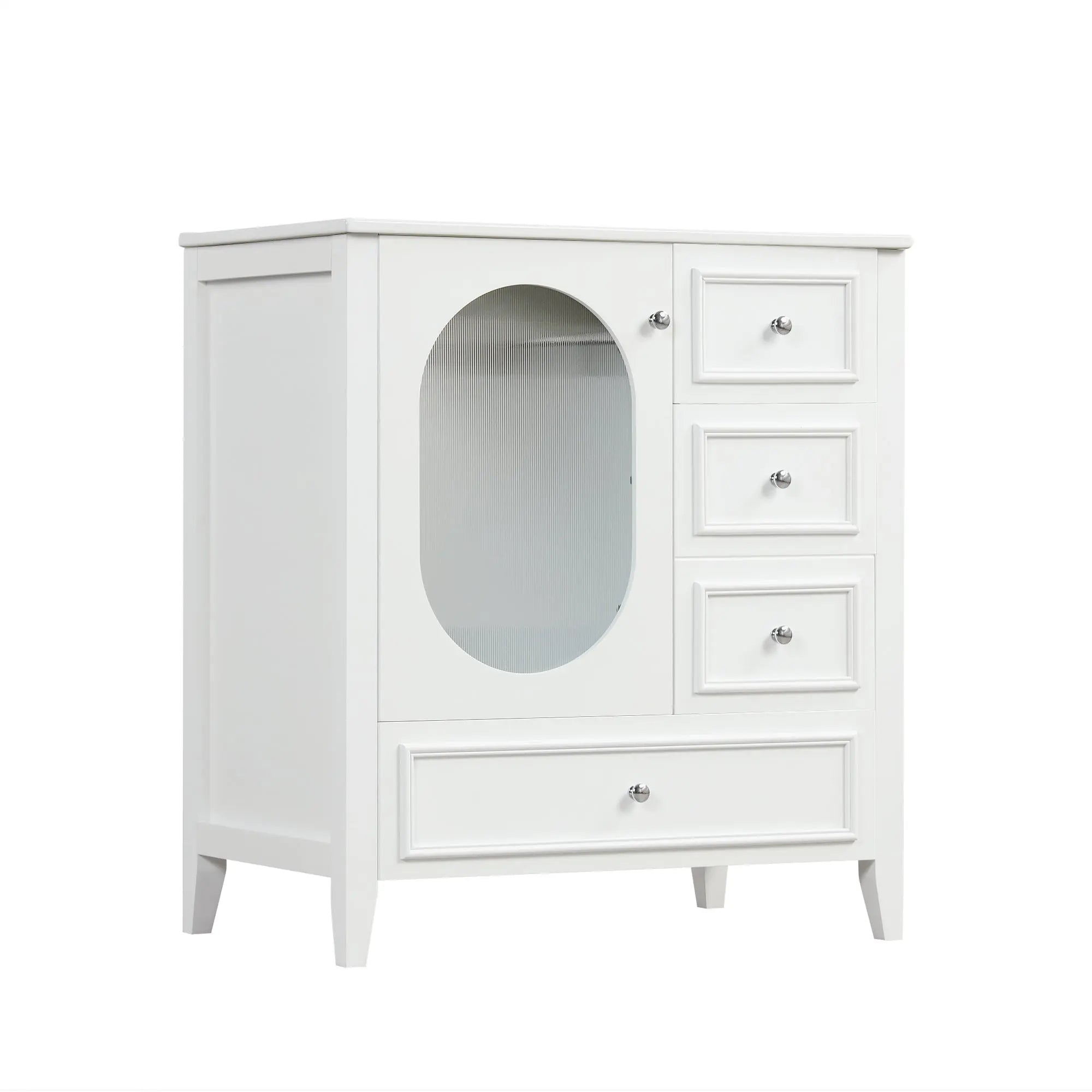 30" Bathroom Vanity with Sink | Solid Wood & MDF, 4 Drawers, Oval Fluted Glass Door, Ceramic Sink, White – Freestanding Next Gen Luxe Solutions