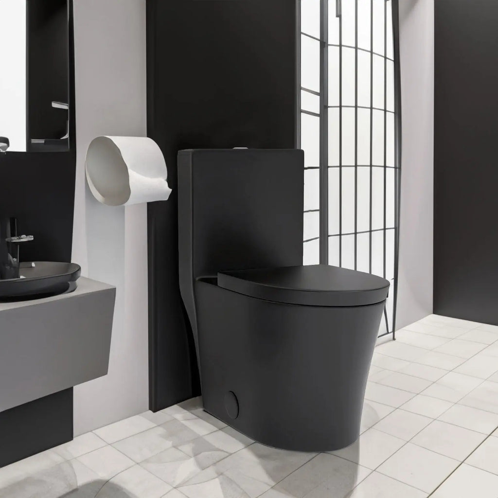 Matte Black Elongated One Piece Toilet Dual Flush 1.1/1.6 GPF Water Saving Map 1000g Next Gen Luxe Solutions
