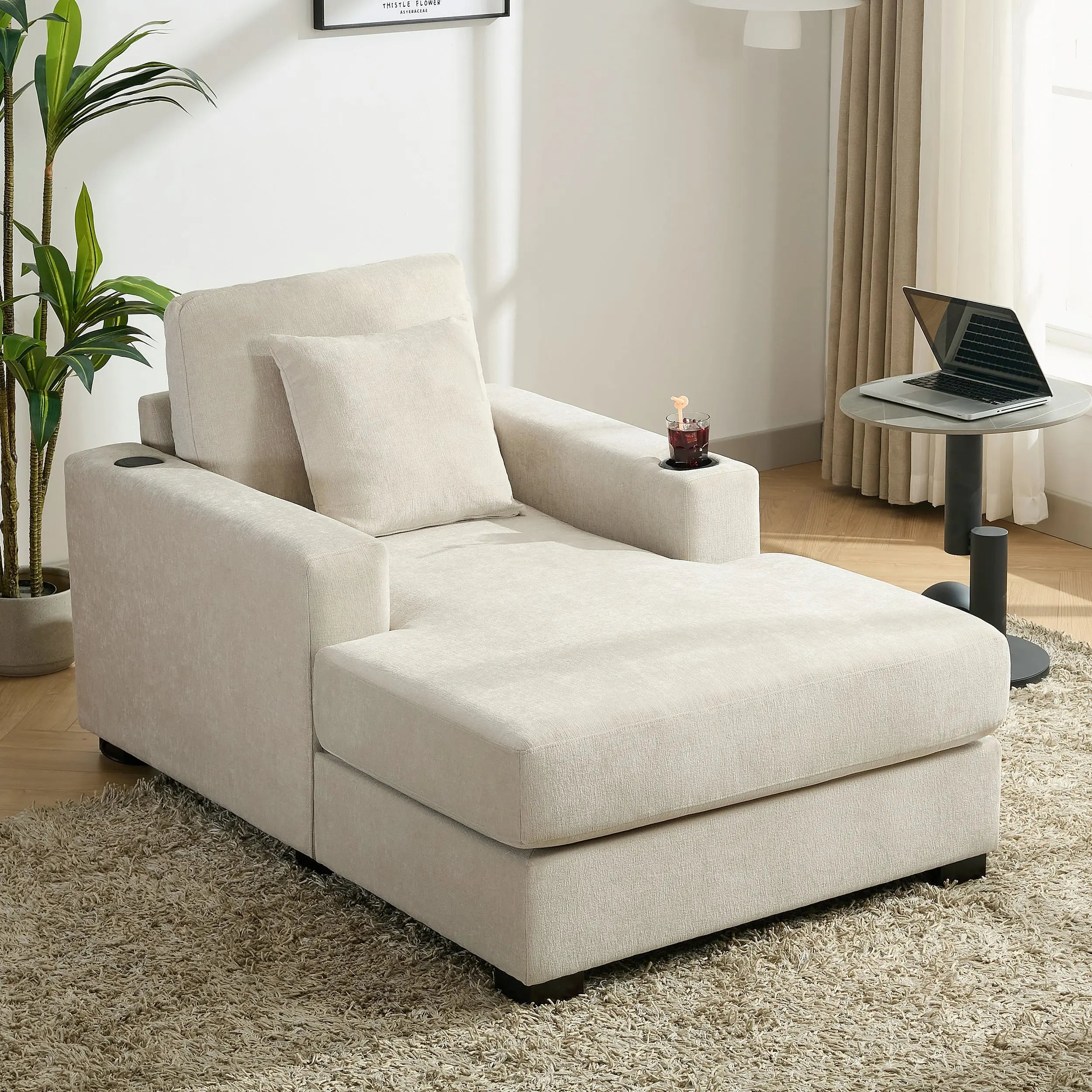 39.7" Oversized Chenille Chaise Lounger | Built-In Charge Station, Cup Holder, Pillows, Washable Covers – Cream, 330 lb Capacity Next Gen Luxe Solutions