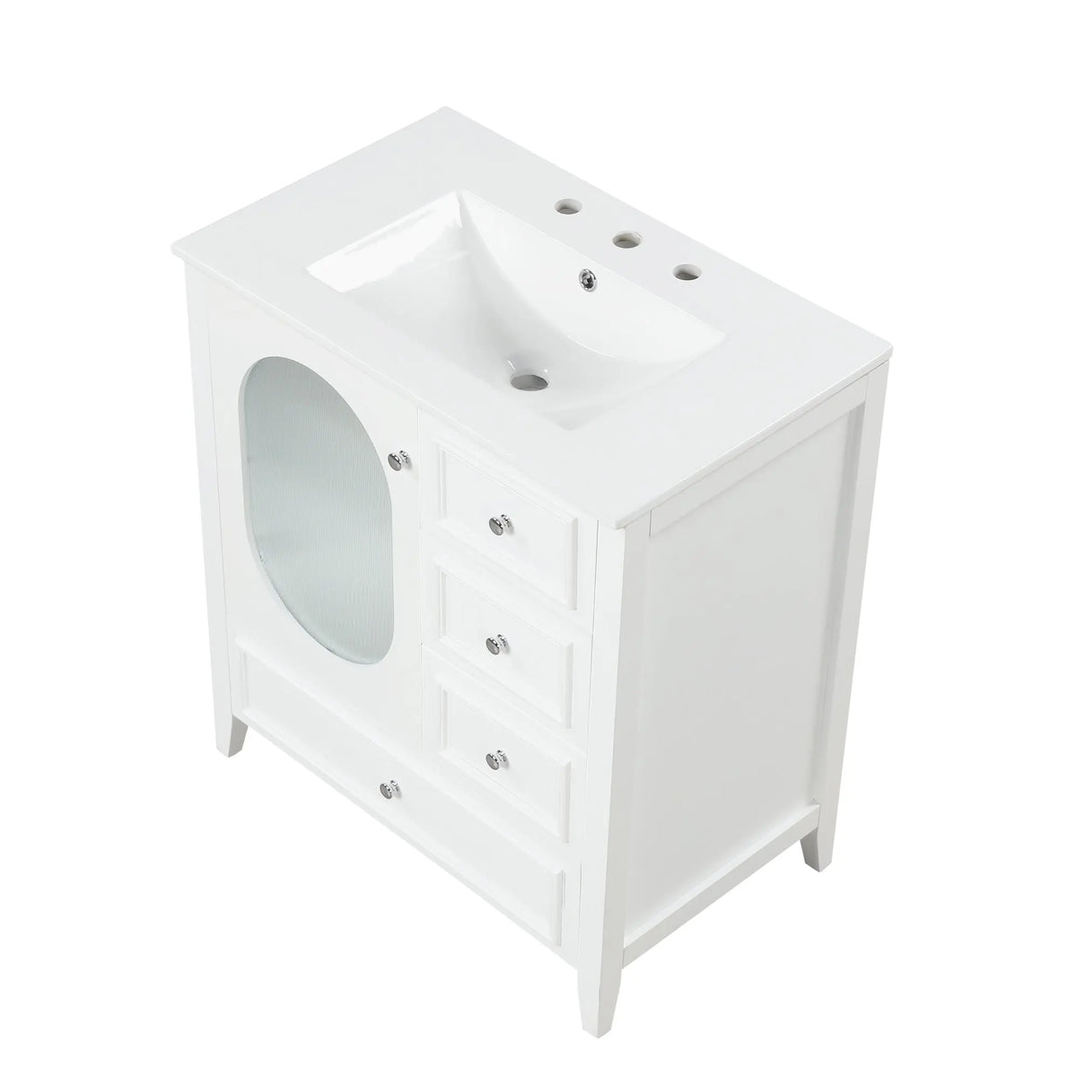 30" Bathroom Vanity with Sink | Solid Wood & MDF, 4 Drawers, Oval Fluted Glass Door, Ceramic Sink, White – Freestanding Next Gen Luxe Solutions
