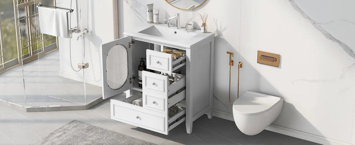 30" Bathroom Vanity with Sink | Solid Wood & MDF, 4 Drawers, Oval Fluted Glass Door, Ceramic Sink, White – Freestanding Next Gen Luxe Solutions