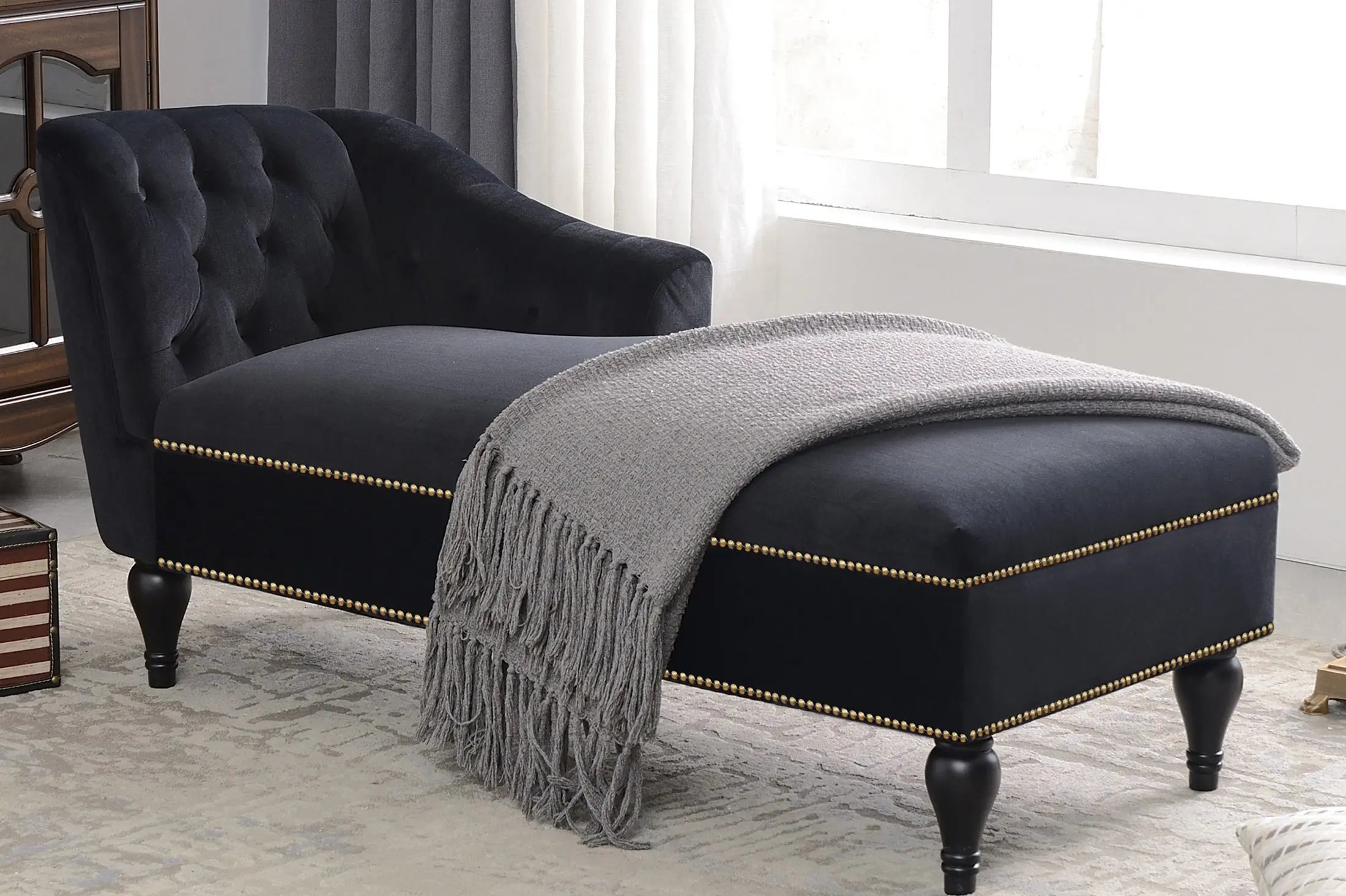 58 Inch Velvet Lounge Chair Button Tufted Right Arm Chaise with Nailhead Decoration Next Gen Luxe Solutions