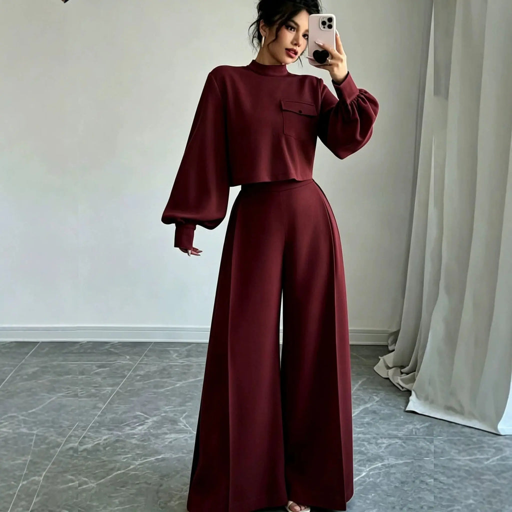 Women's Solid Color Wide Leg Pants 2-Piece Set | Mock Neck Long Sleeve Top + Pants, Korean Style – 5 Colors, S–XXL Next Gen Luxe Solutions