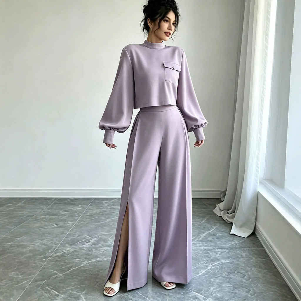 Women's Solid Color Wide Leg Pants 2-Piece Set | Mock Neck Long Sleeve Top + Pants, Korean Style – 5 Colors, S–XXL Next Gen Luxe Solutions