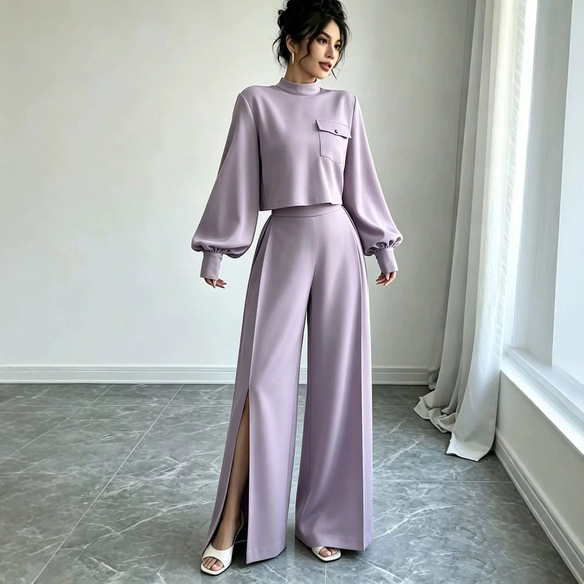 Women's Solid Color Wide Leg Pants 2-Piece Set | Mock Neck Long Sleeve Top + Pants, Korean Style – 5 Colors, S–XXL Next Gen Luxe Solutions
