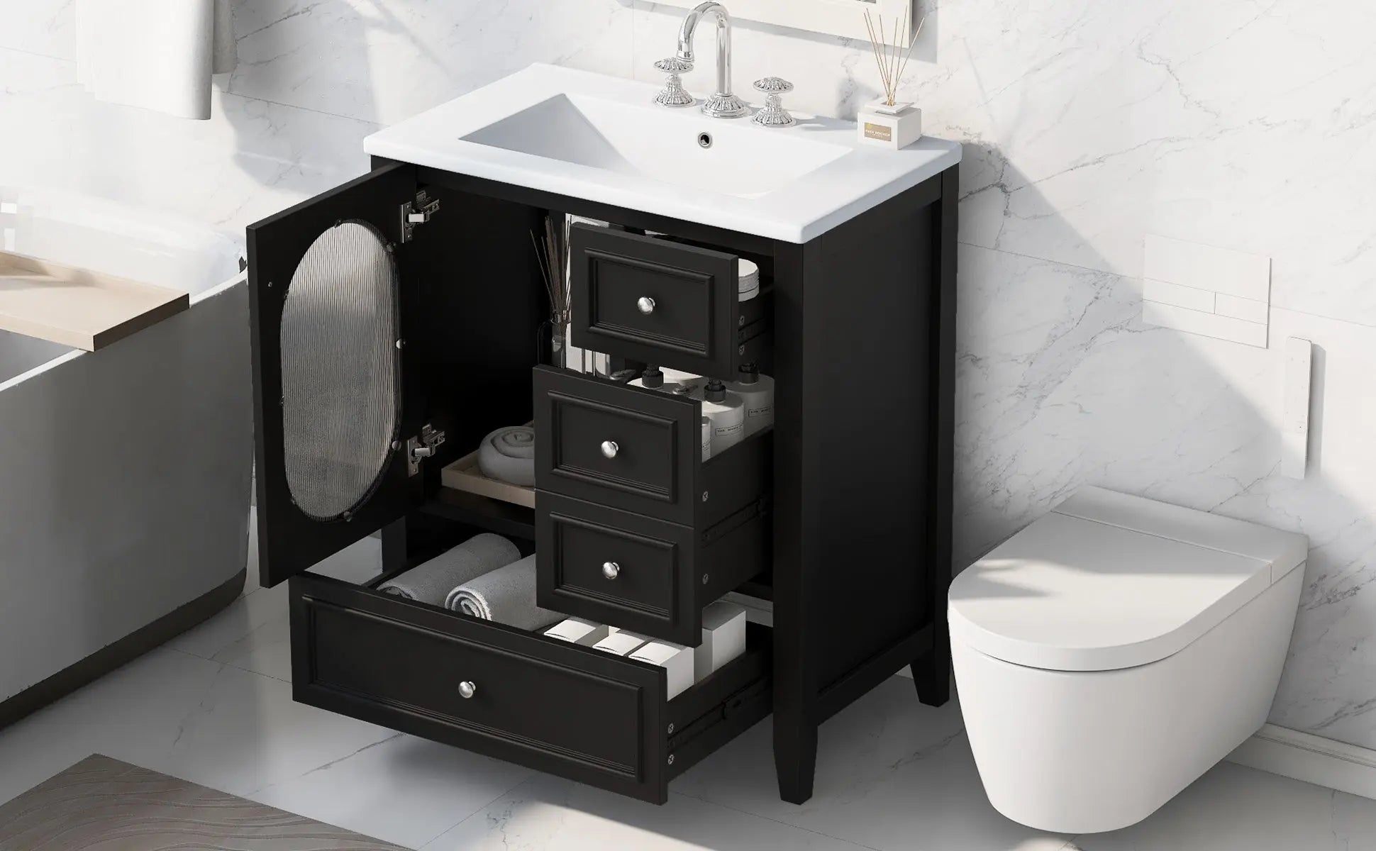 30" Bathroom Vanity with Sink – 3 Drawers, Moru Glass Door, Solid Wood & MDF, Ceramic Sink, Black – Freestanding Next Gen Luxe Solutions