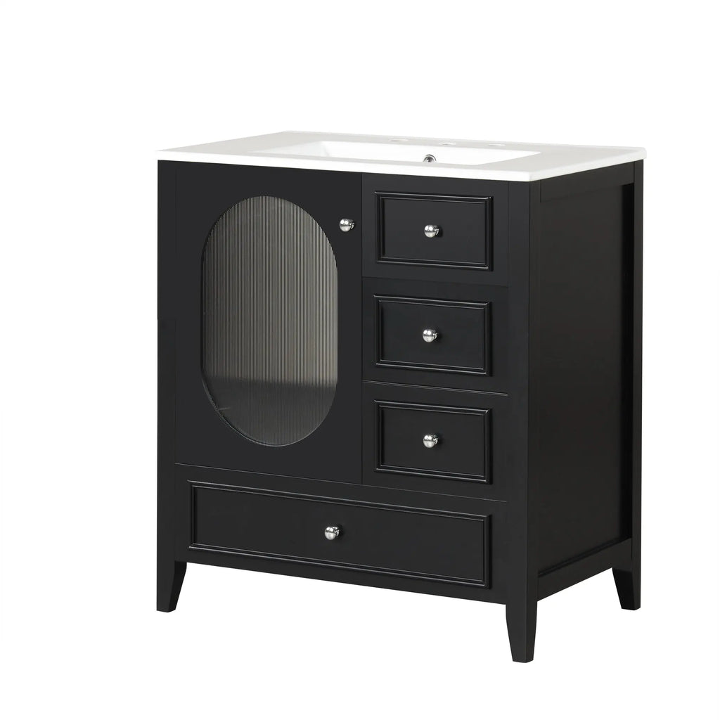 30" Bathroom Vanity with Sink – 3 Drawers, Moru Glass Door, Solid Wood & MDF, Ceramic Sink, Black – Freestanding Next Gen Luxe Solutions