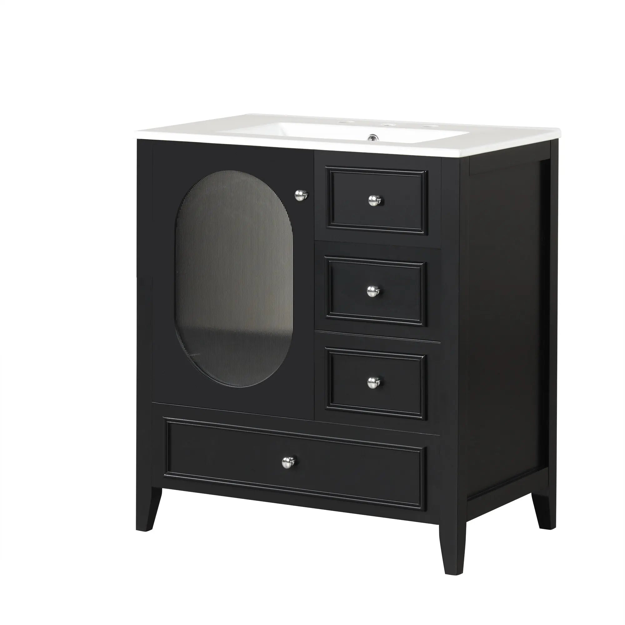 30" Bathroom Vanity with Sink – 3 Drawers, Moru Glass Door, Solid Wood & MDF, Ceramic Sink, Black – Freestanding Next Gen Luxe Solutions