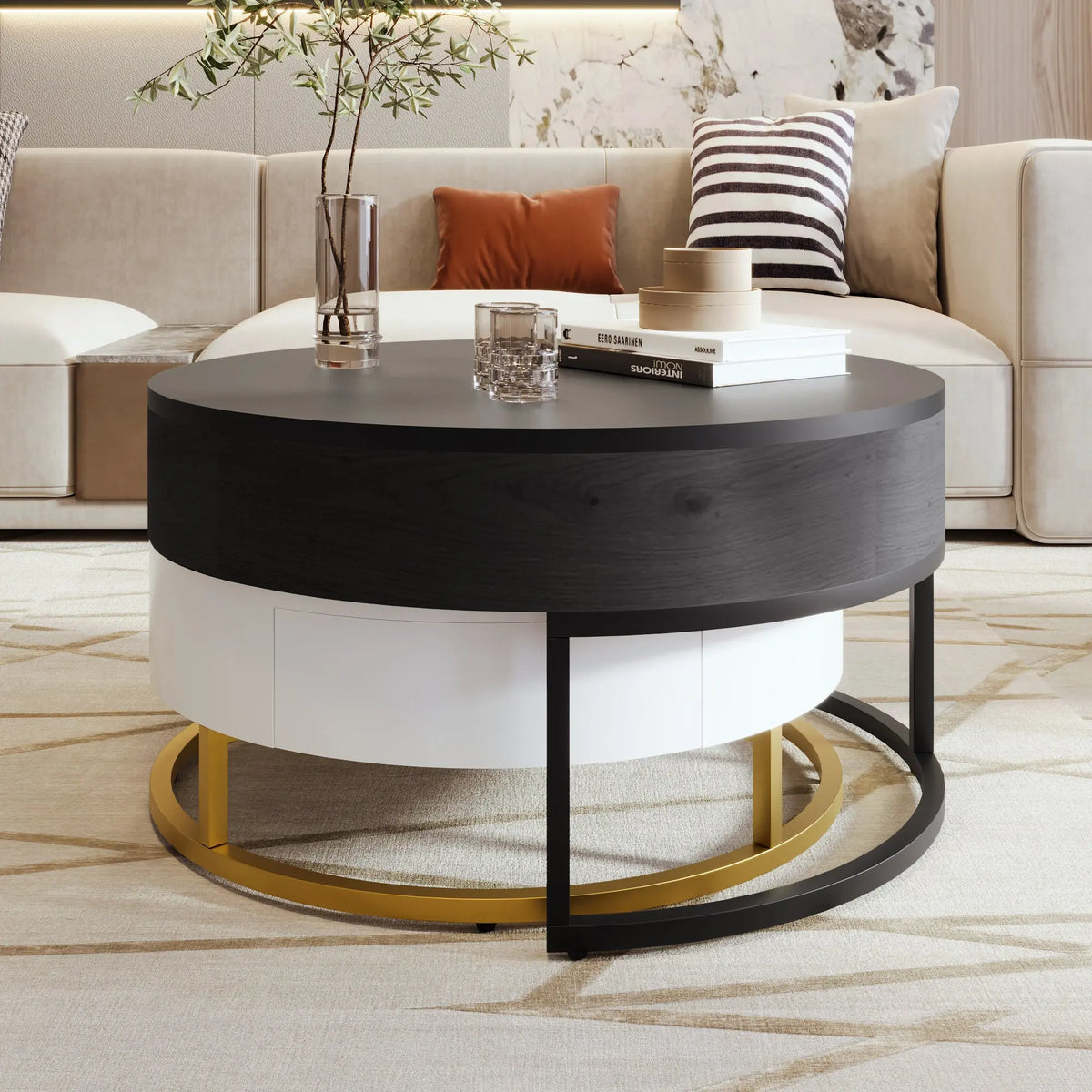 Modern Round Lift-Top Nesting Coffee Tables Set of 2 | Hydraulic Lift, 2 Drawers, Gold Metal Base – White & Black Next Gen Luxe Solutions