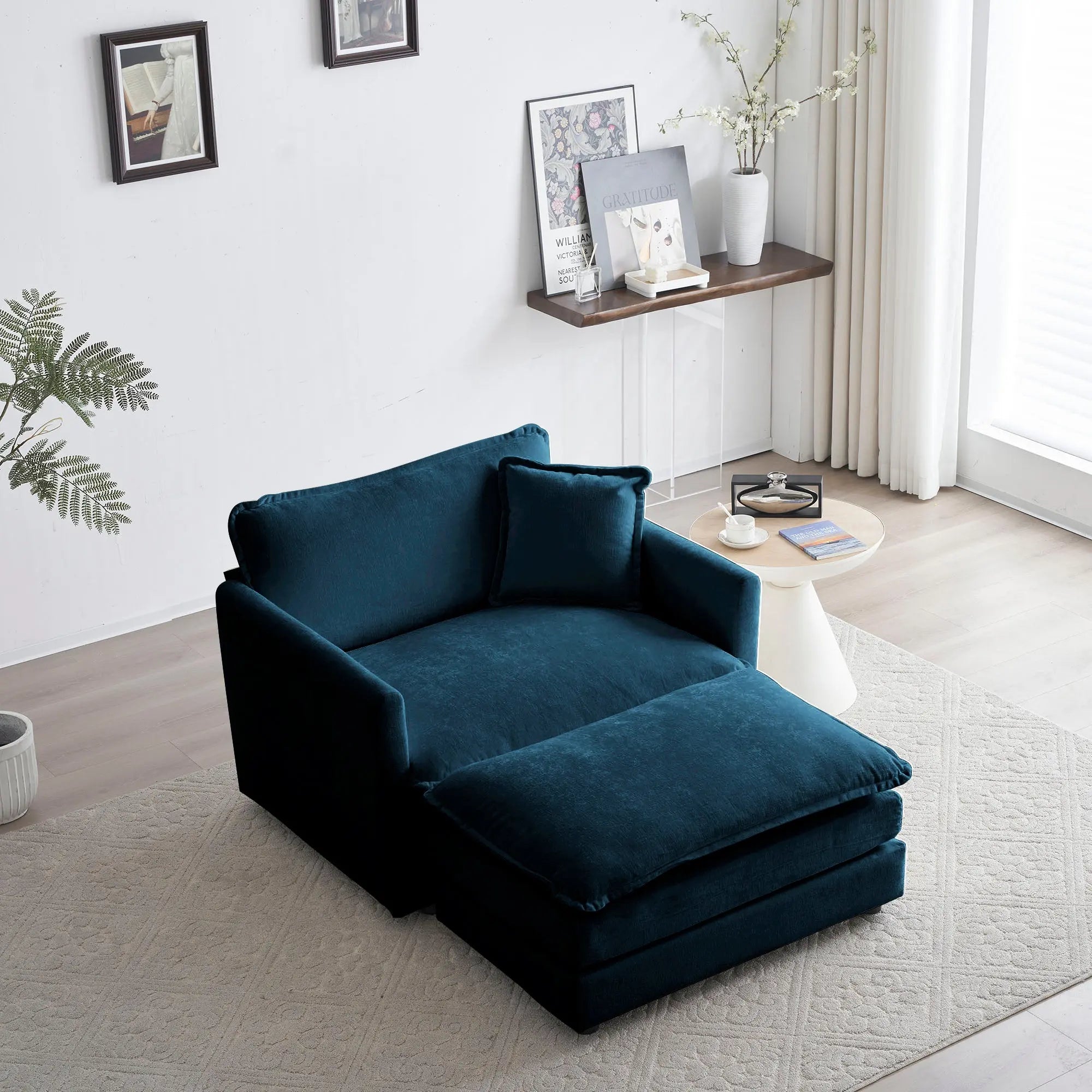 Modern Accent Chair with Ottoman – Blue Chenille Armchair for Living Room & Bedroom Next Gen Luxe Solutions