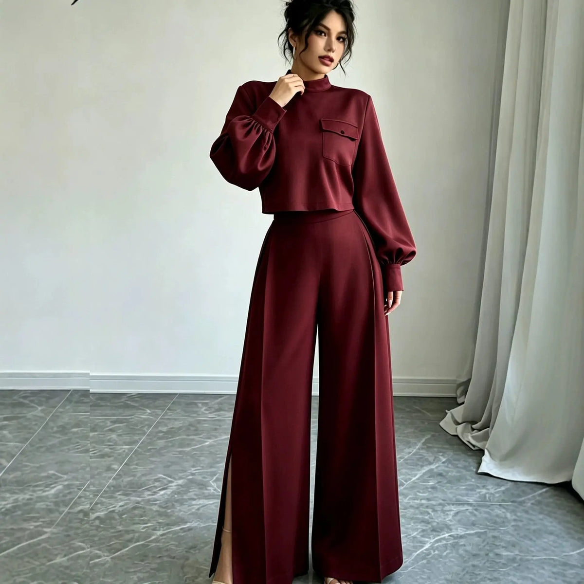 Women's Solid Color Wide Leg Pants 2-Piece Set | Mock Neck Long Sleeve Top + Pants, Korean Style – 5 Colors, S–XXL Next Gen Luxe Solutions