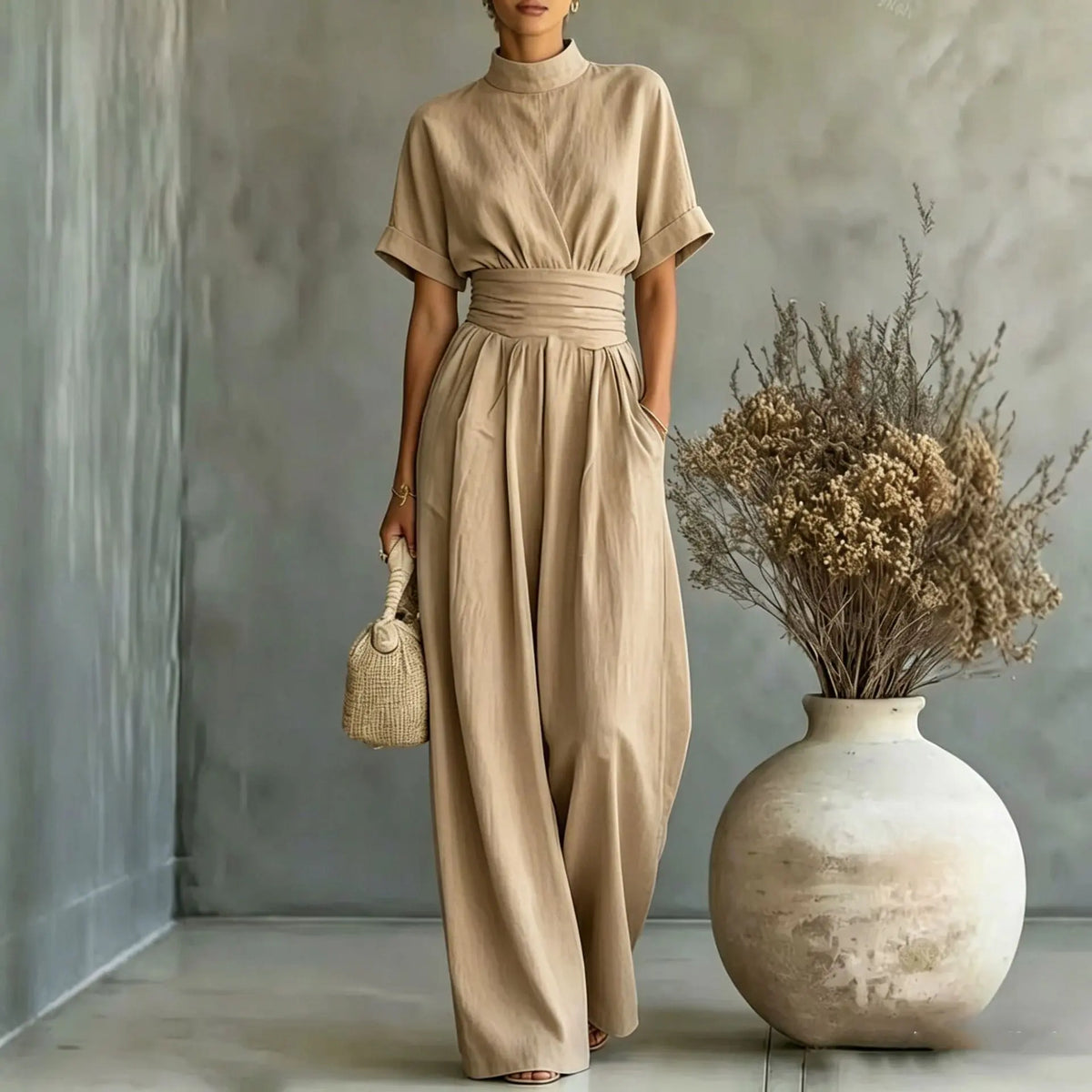 Women's Mock Neck Short Sleeve Wide Leg Jumpsuit | Full Length, Minimalist Solid Color – 5 Colors, S–2XL Next Gen Luxe Solutions