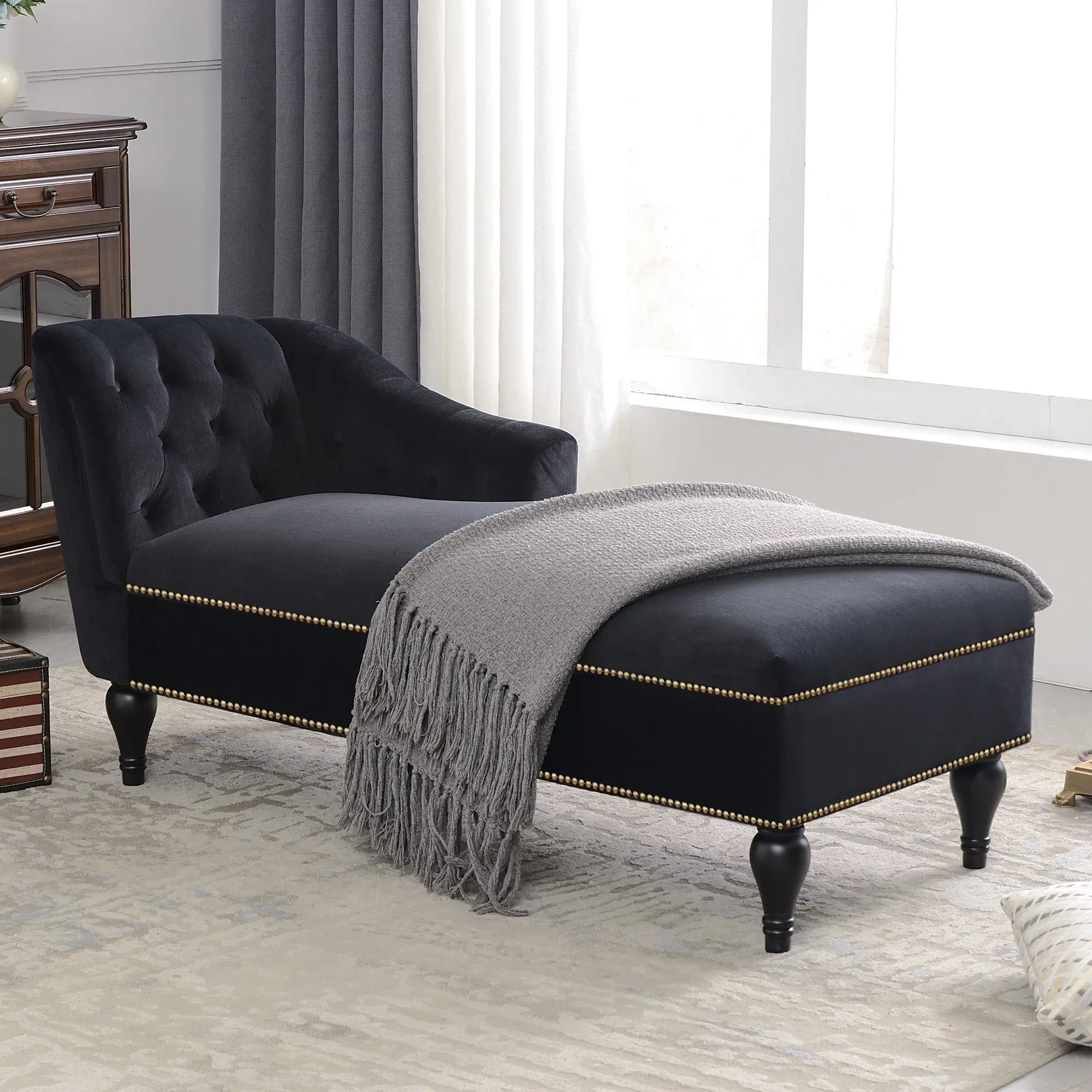 58 Inch Velvet Lounge Chair Button Tufted Right Arm Chaise with Nailhead Decoration Next Gen Luxe Solutions