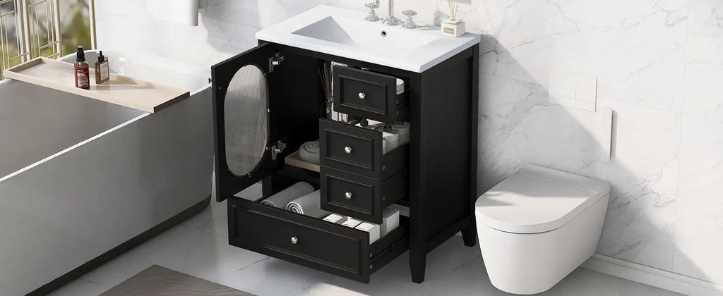 30" Bathroom Vanity with Sink – 3 Drawers, Moru Glass Door, Solid Wood & MDF, Ceramic Sink, Black – Freestanding Next Gen Luxe Solutions
