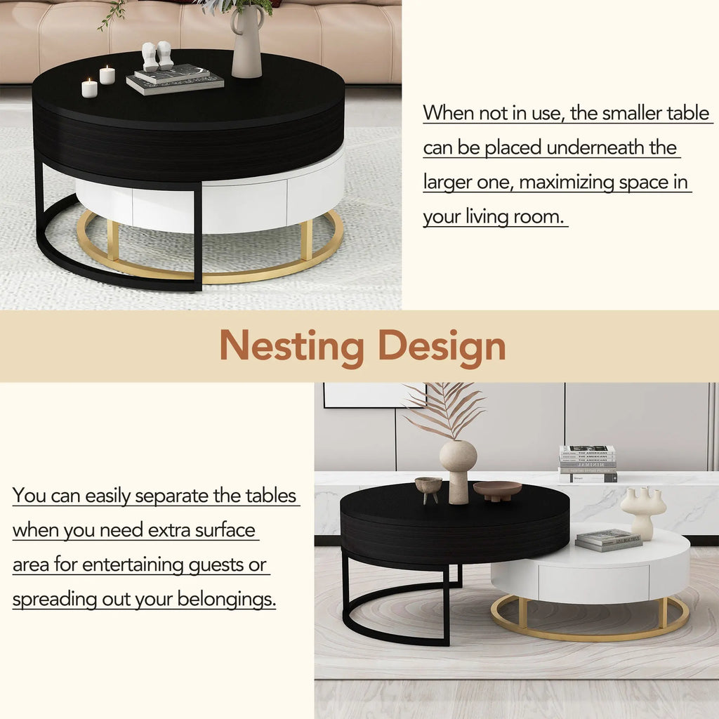 Modern Round Lift-Top Nesting Coffee Tables Set of 2 | Hydraulic Lift, 2 Drawers, Gold Metal Base – White & Black Next Gen Luxe Solutions