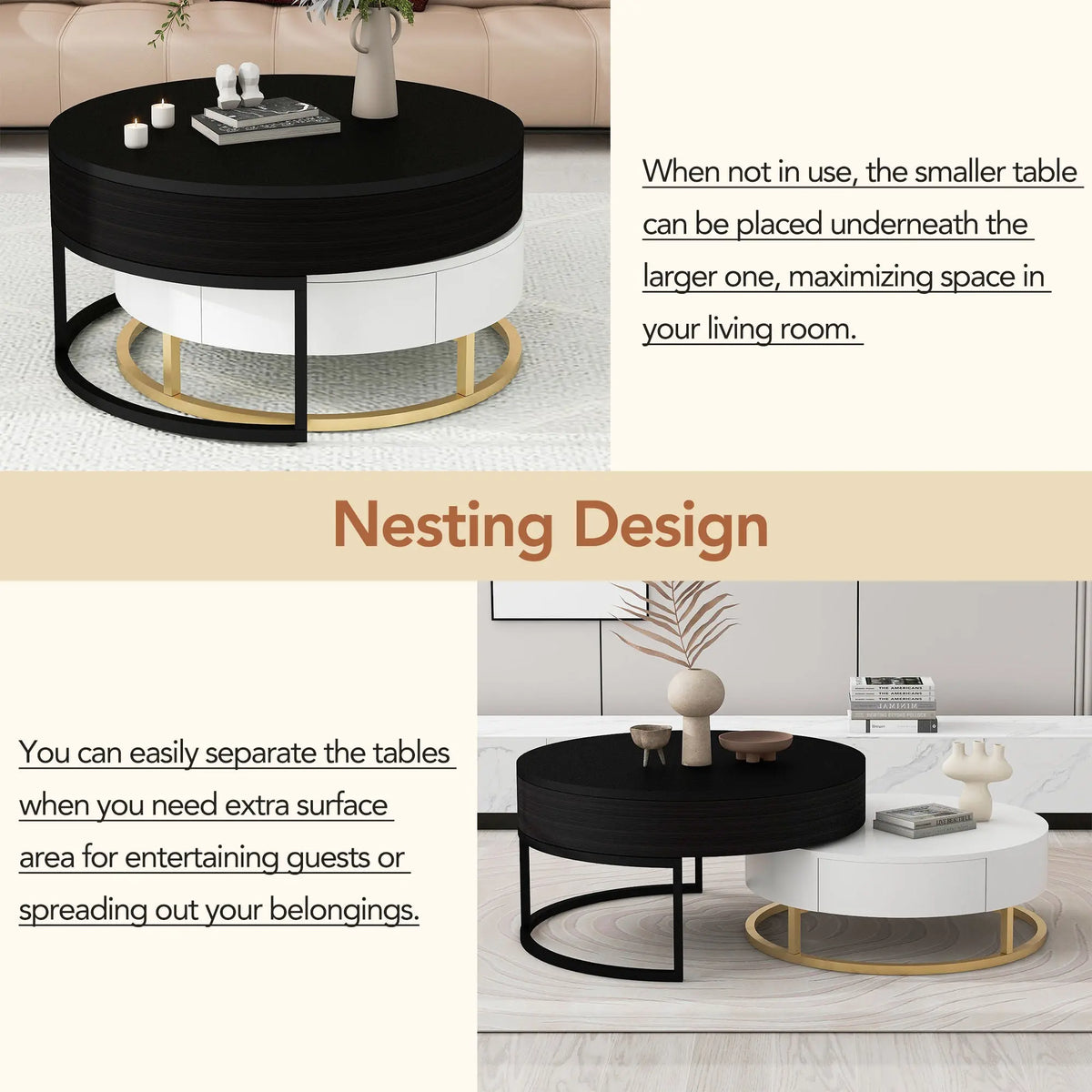 Modern Round Lift-Top Nesting Coffee Tables Set of 2 | Hydraulic Lift, 2 Drawers, Gold Metal Base – White & Black Next Gen Luxe Solutions