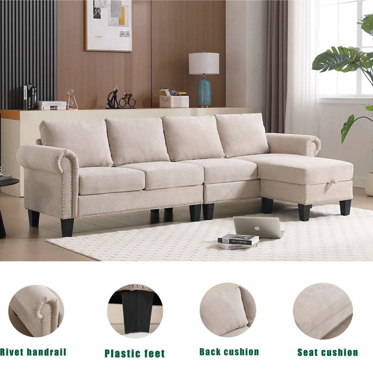 Convertible L-Shaped Sectional Sofa with Storage | 4-Seat Modern Linen Fabric Couch in Beige Next Gen Luxe Solutions