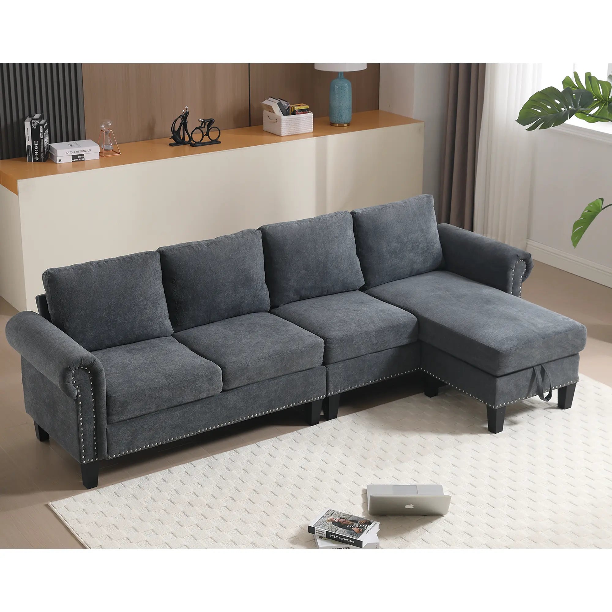 Convertible L-Shaped Sectional Sofa with Storage | 4-Seat Modern Linen Fabric Couch in Gray Next Gen Luxe Solutions