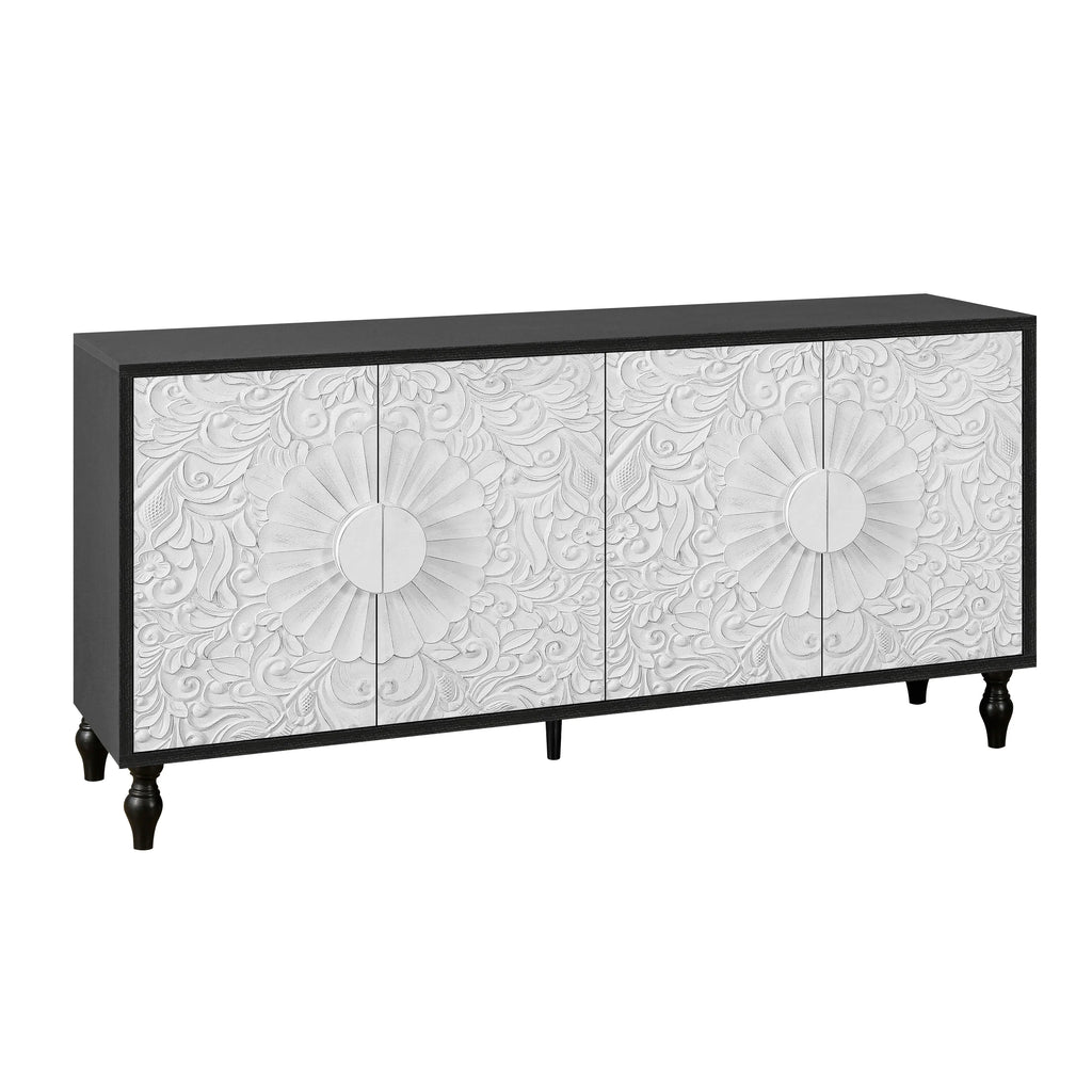 Vintage White Faceted Carved Cabinet – Black Frame TV Stand, Sideboard & Accent Cabinet Next Gen Luxe Solutions