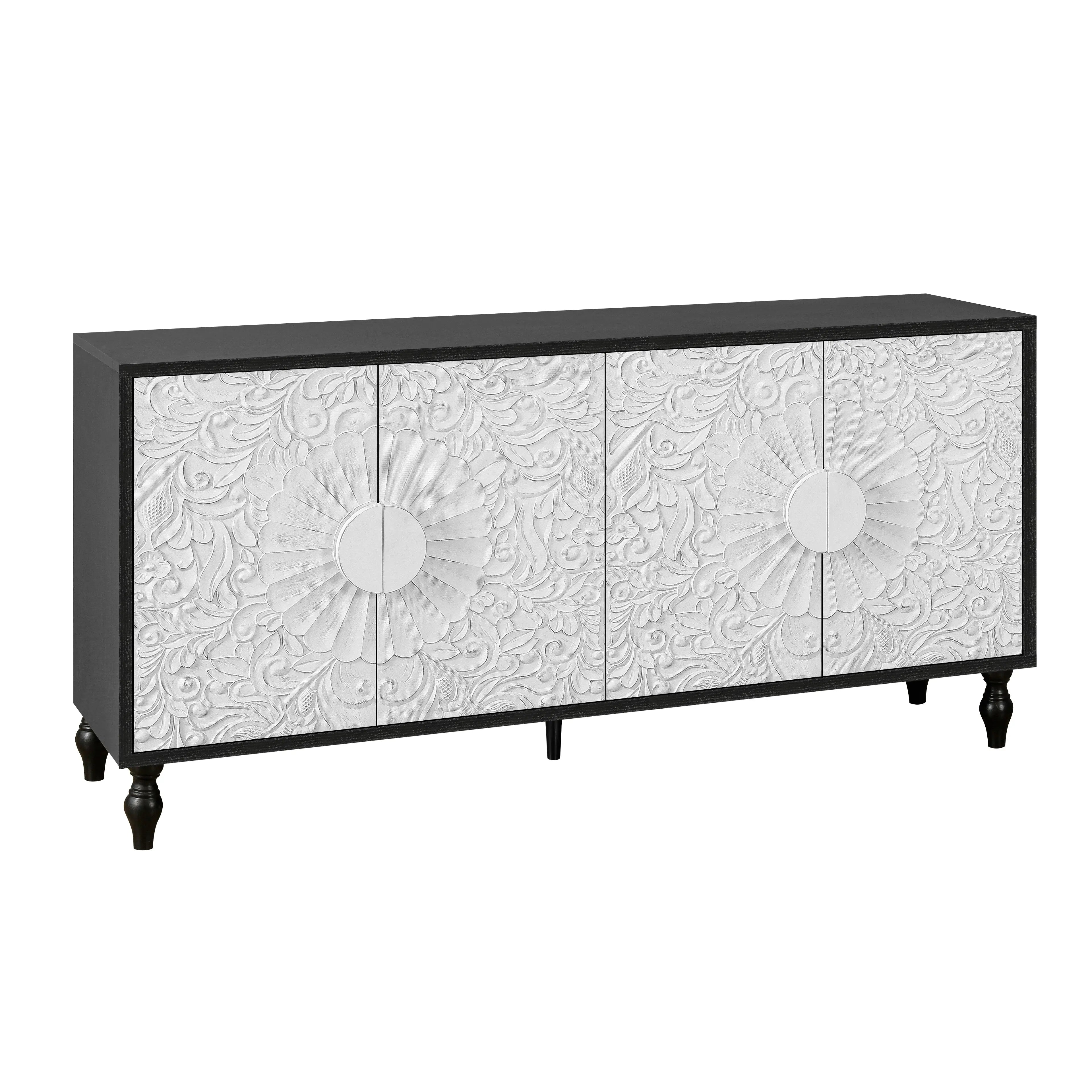 Vintage White Faceted Carved Cabinet – Black Frame TV Stand, Sideboard & Accent Cabinet Next Gen Luxe Solutions
